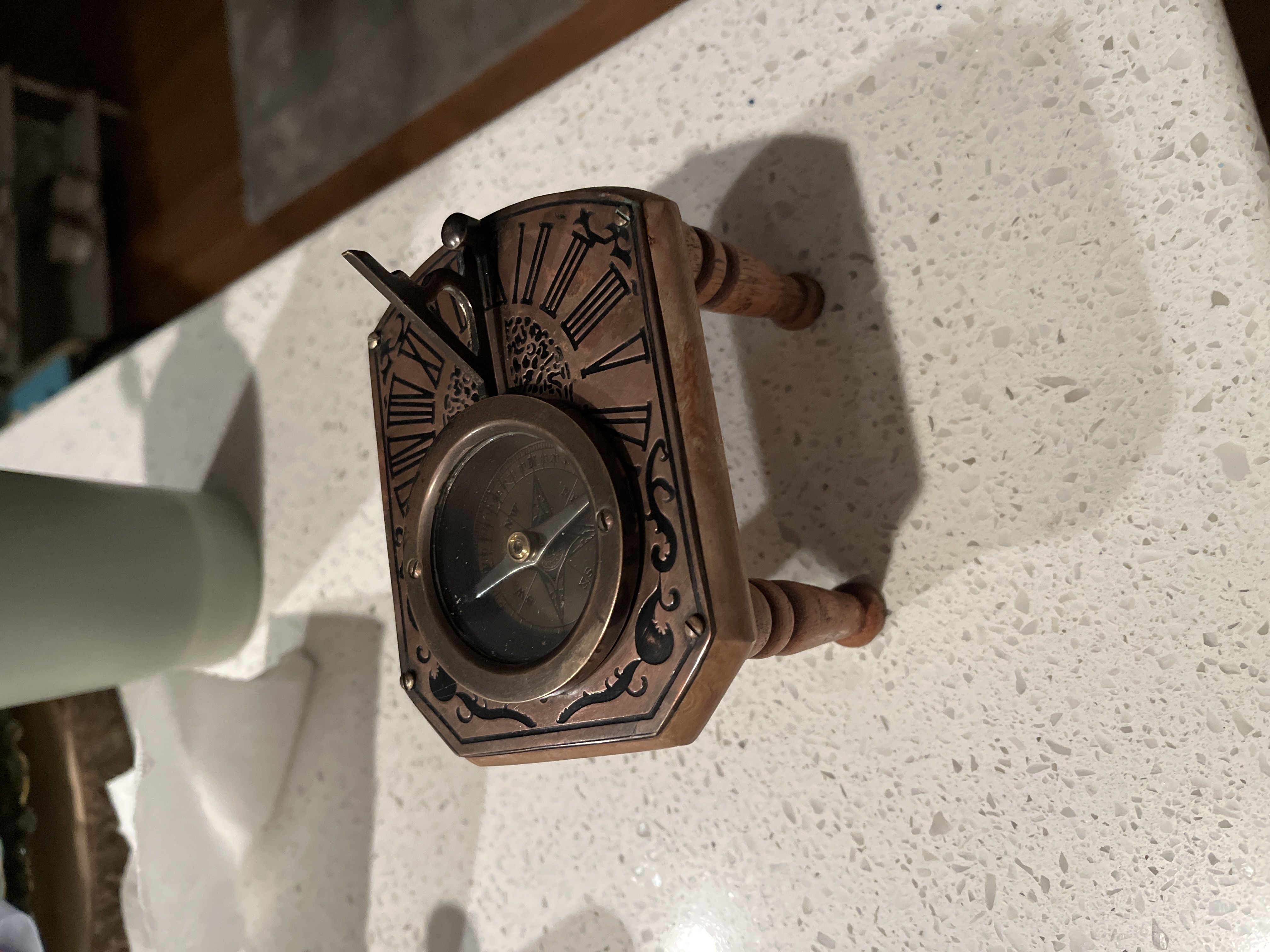 Victorian Revival Brass and Wood Tabletop Sundial Compass