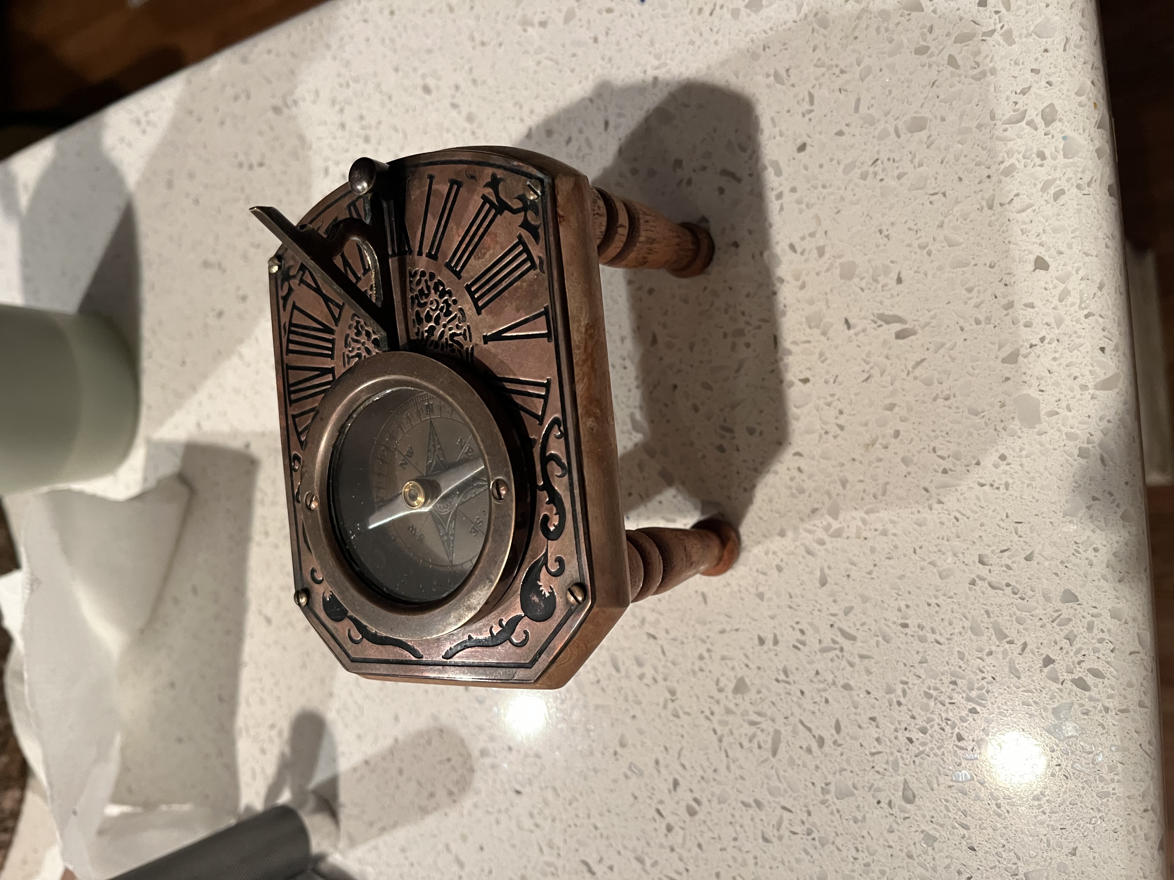 Victorian Revival Brass and Wood Sundial Compass