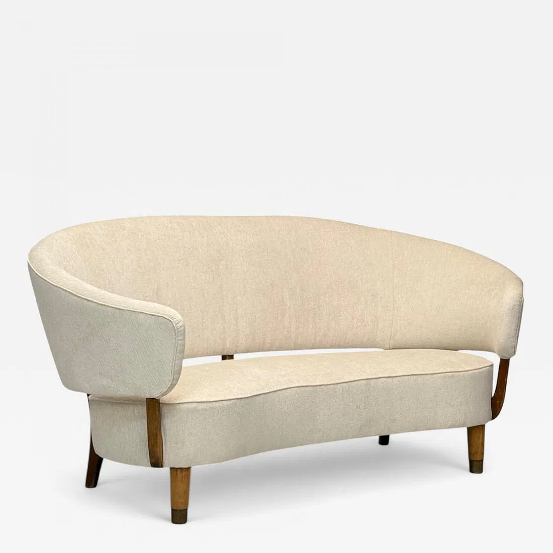 Scandinavian Modern Curved Upholstered Sofa with Exposed Wood Supports thumbnail 6