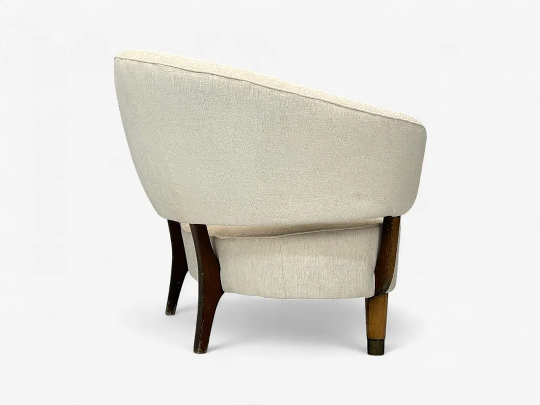Scandinavian Modern Curved Upholstered Sofa with Exposed Wood Supports thumbnail 8
