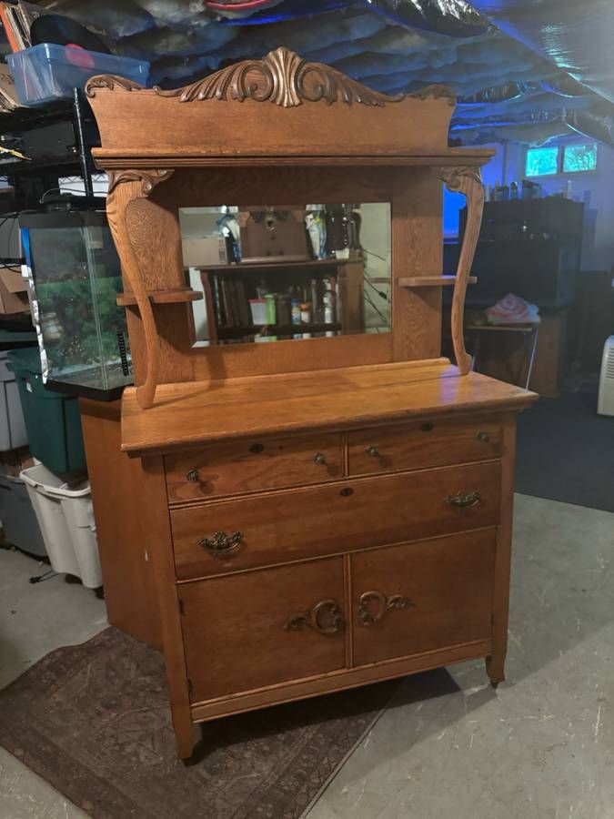 American Golden Oak Period Sideboard with Mirrored Back