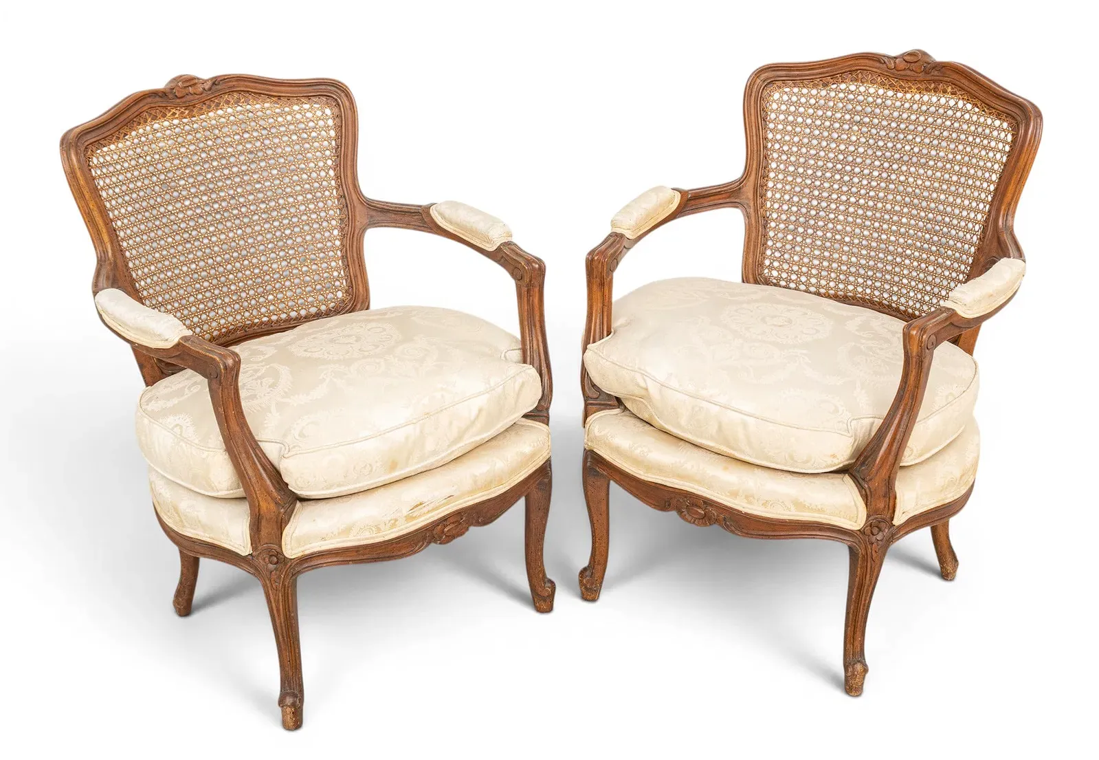 French Louis XV Style Walnut Caned Armchairs, Pair thumbnail