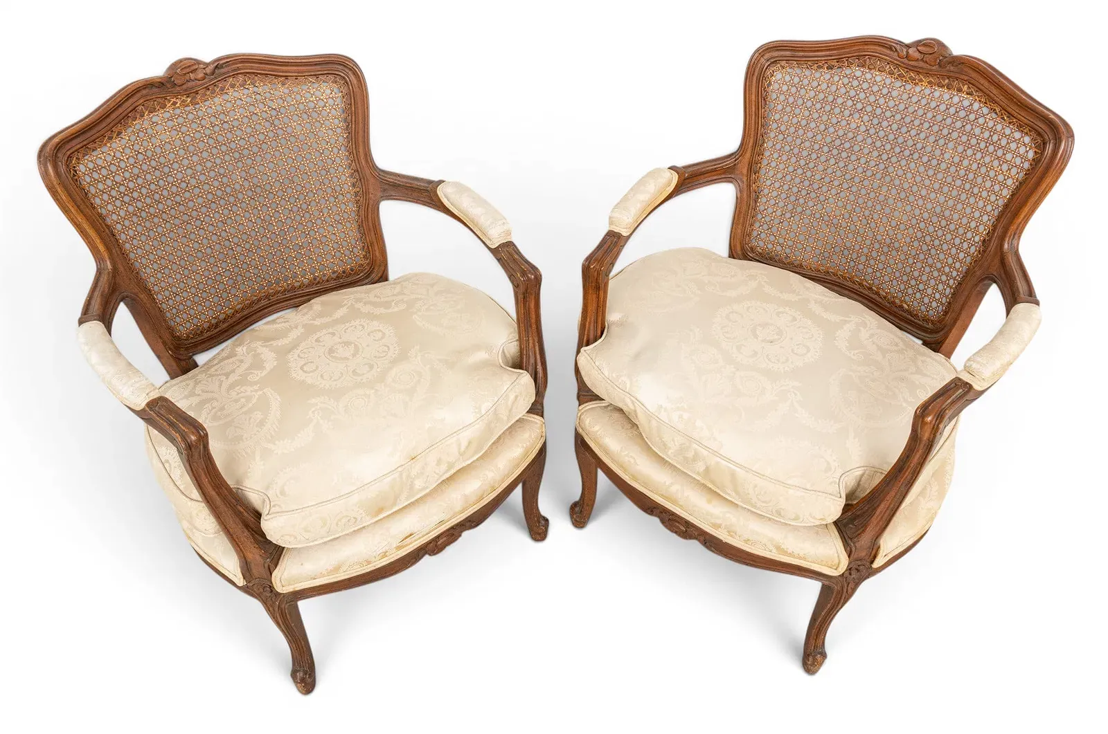 French Louis XV Style Walnut Caned Armchairs, Pair thumbnail 2