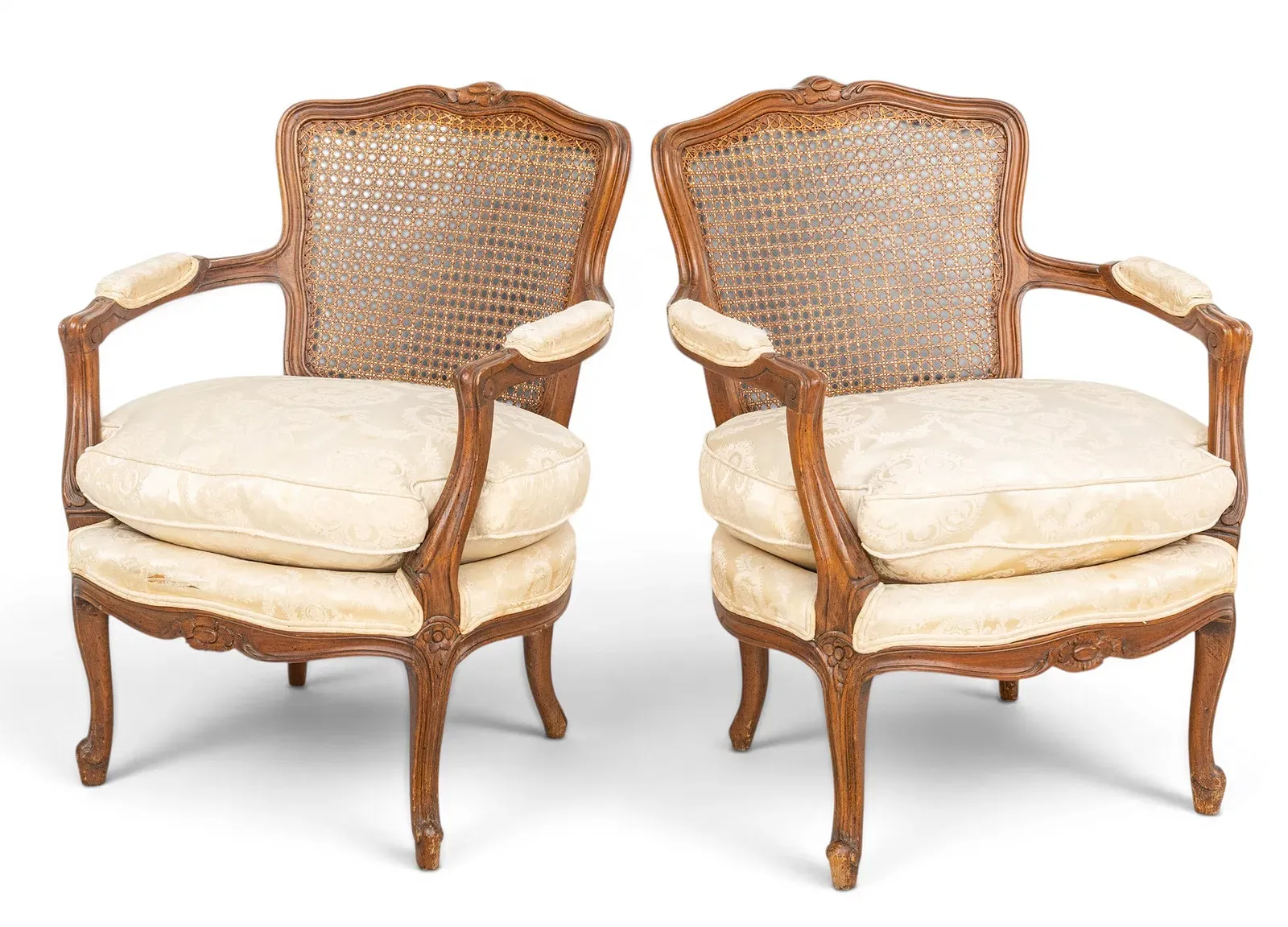 French Louis XV Style Walnut Caned Armchairs, Pair thumbnail 3