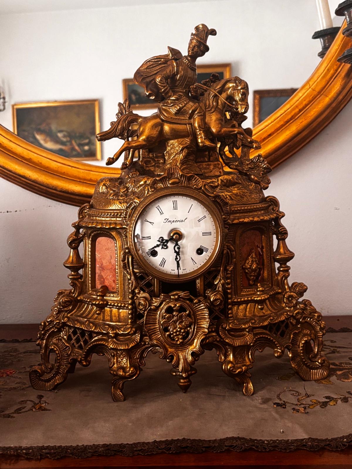 French Rococo Revival Style Gilt Spelter Mantel Clock with Equestrian Finial ('Imperial')