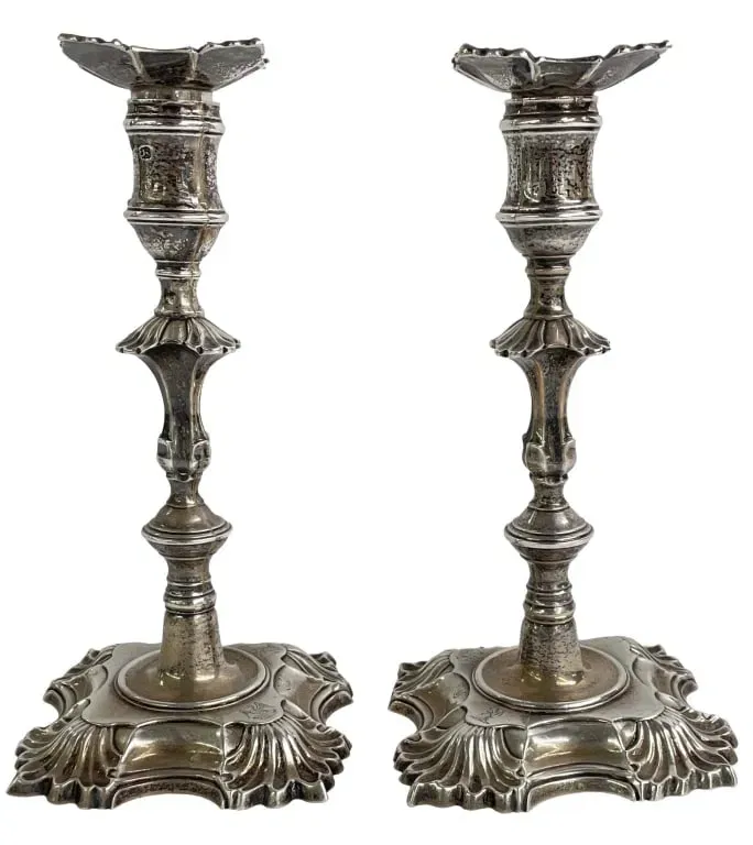 George II Rococo Sterling Silver Candlesticks (Pair)