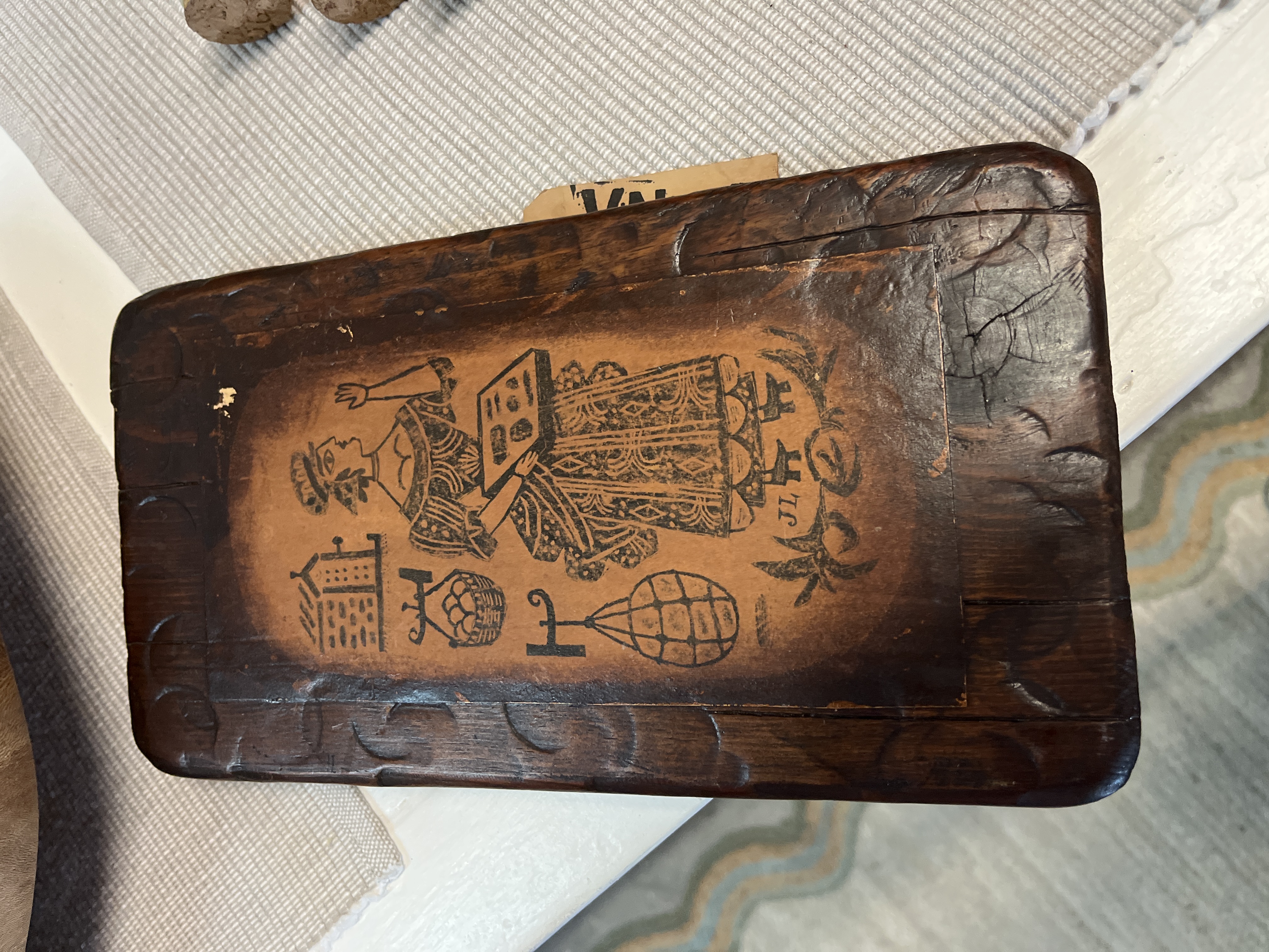 Folk Art Pyrography Decorated Wooden Trinket Box