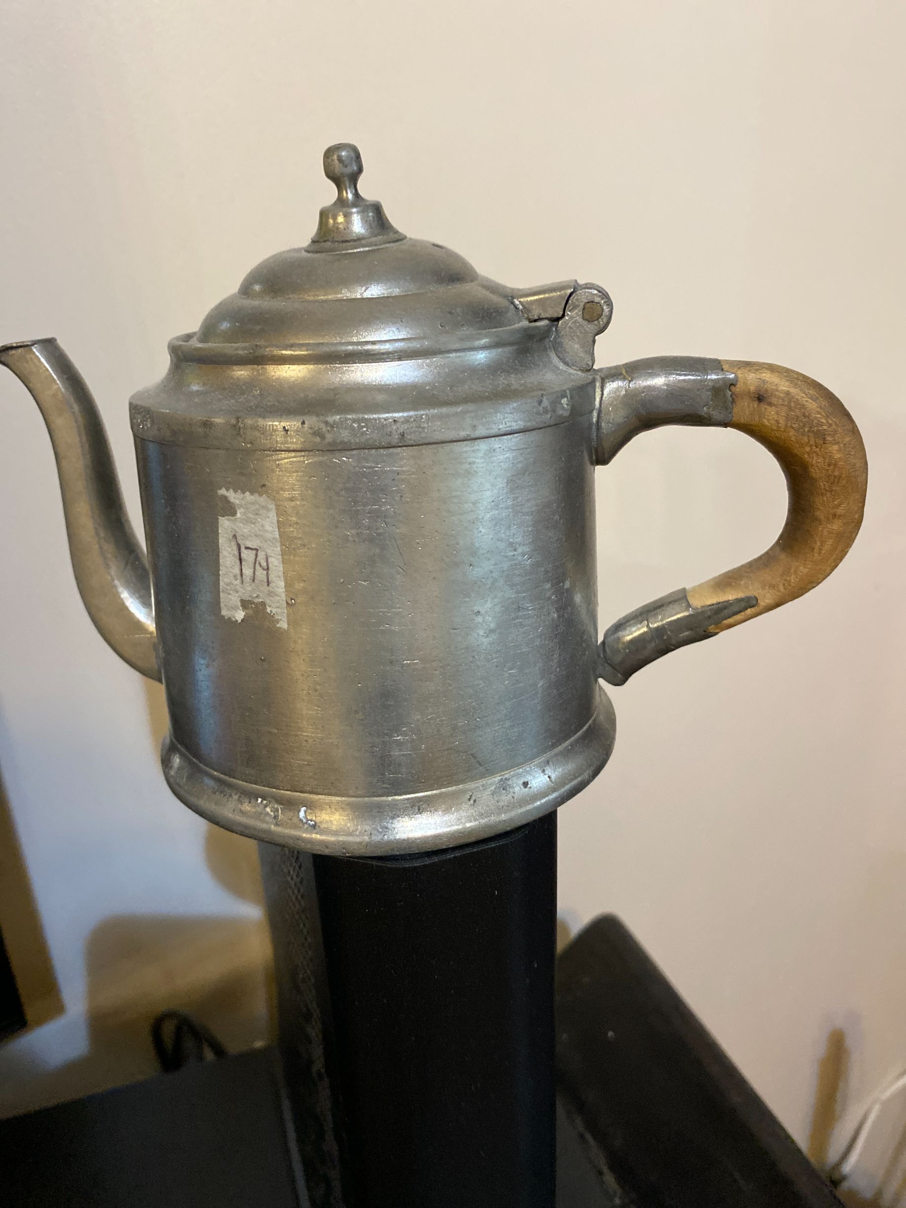 Victorian Period English Pewter Teapot with Wooden C-Handle