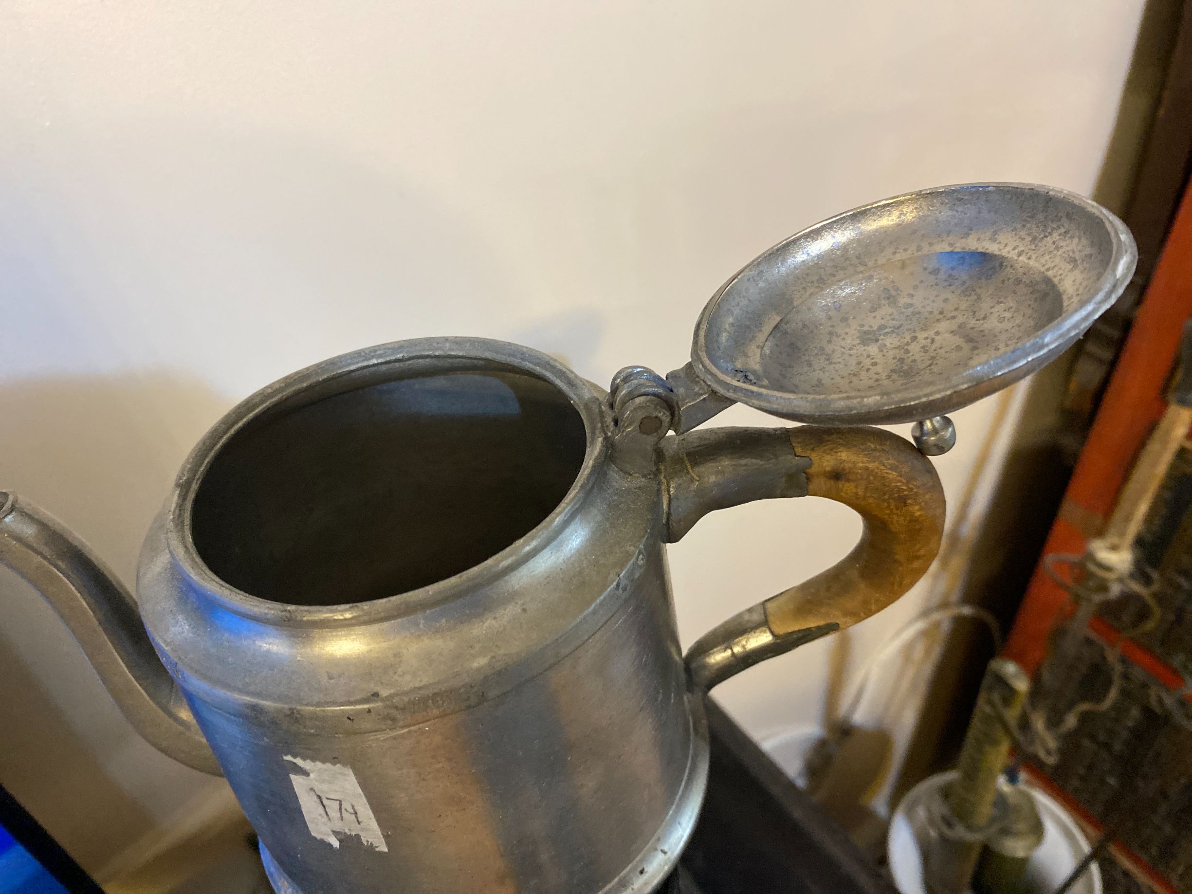 Victorian Period English Pewter Teapot with Wooden C-Handle thumbnail 3