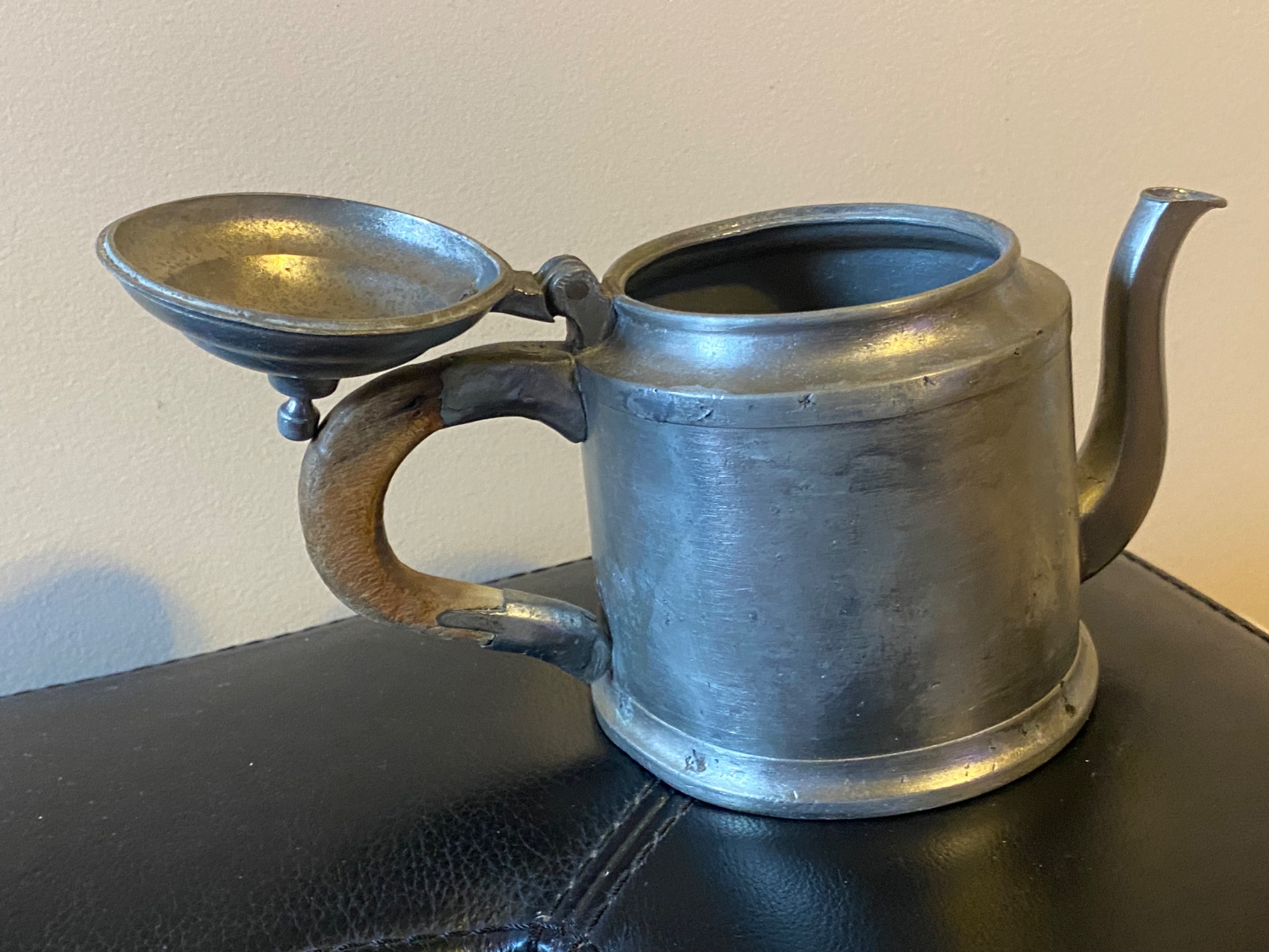 19th Century American Pewter and Wood Tavern Coffee Pot