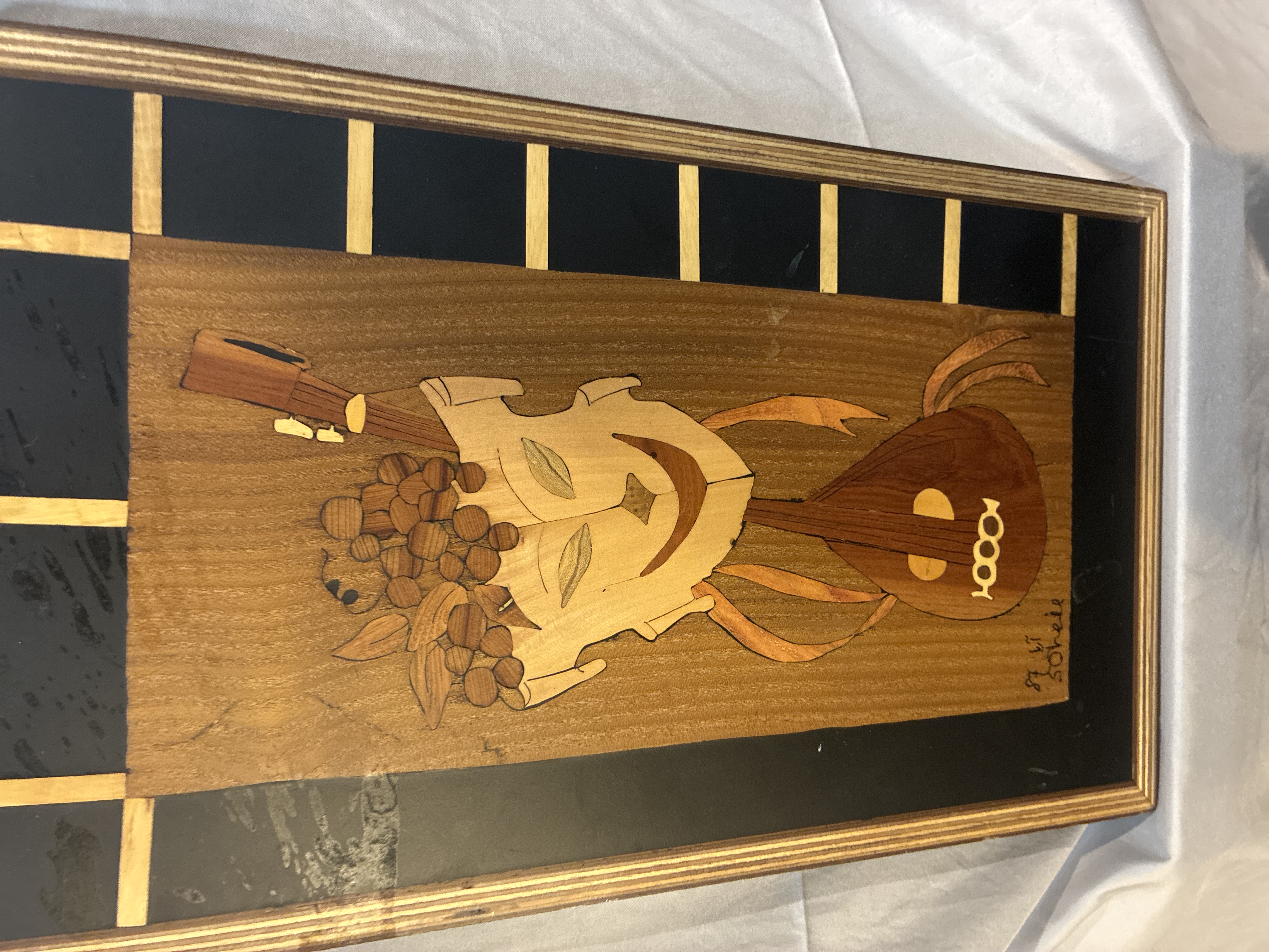 Modernist Marquetry Wall Panel with Mask and Lute Motif