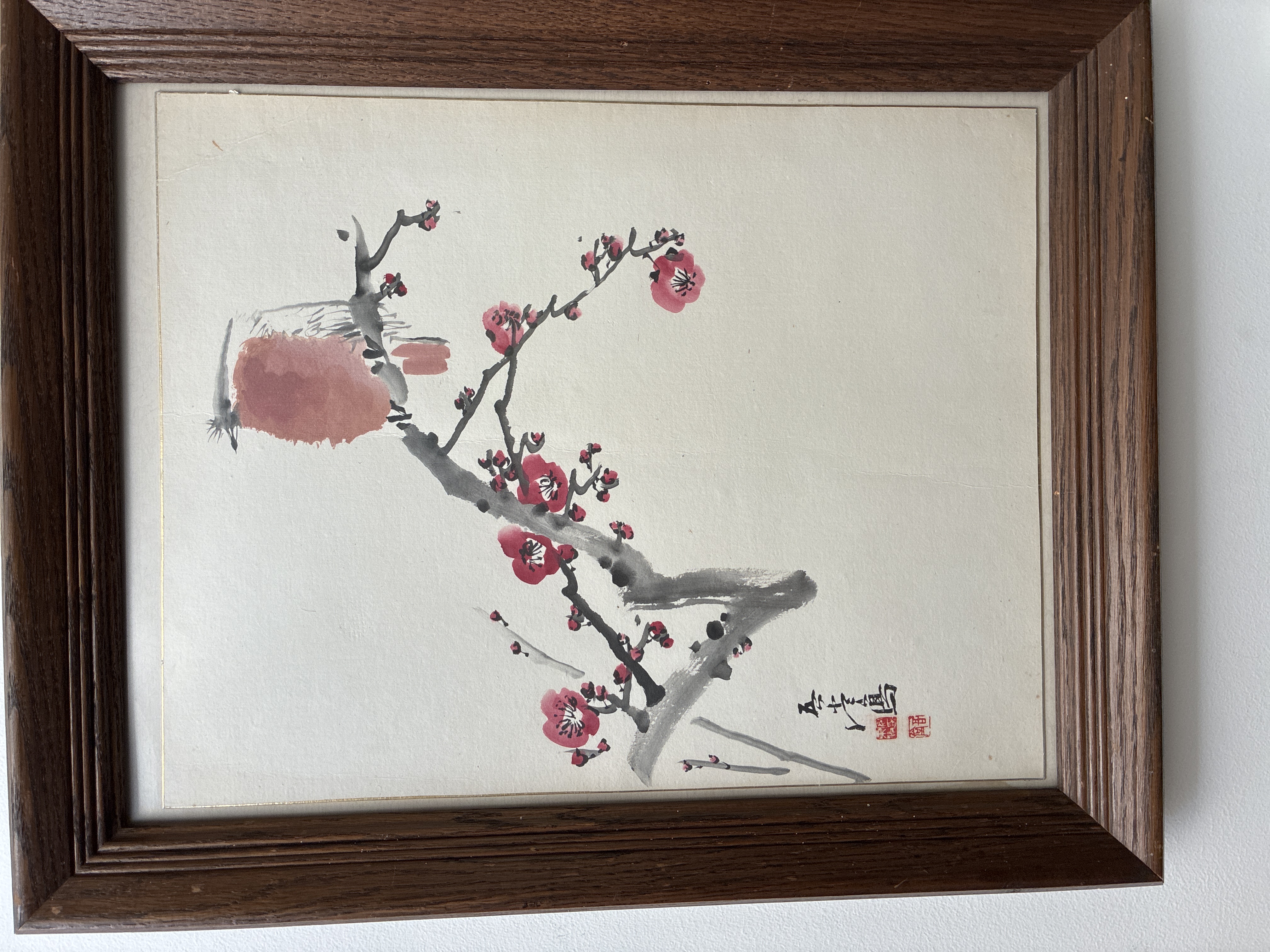 Chinese Ink and Watercolor Painting of Bird on Plum Blossom
