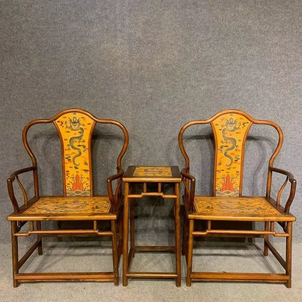 Chinese Qing Style Lacquered Armchairs and Side Table Set