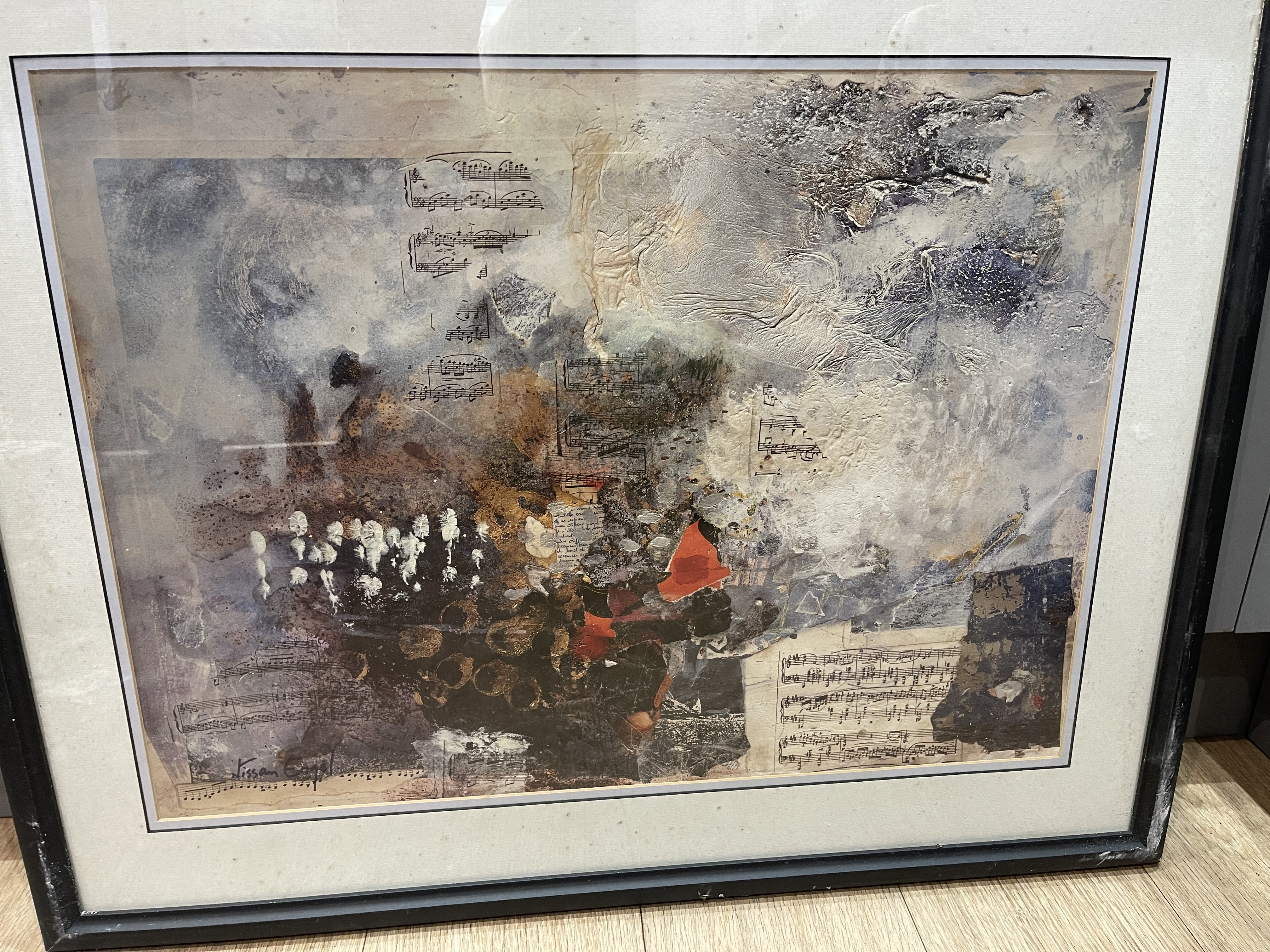 Contemporary Abstract Mixed-Media Collage on Paper (Musical Score Motif)