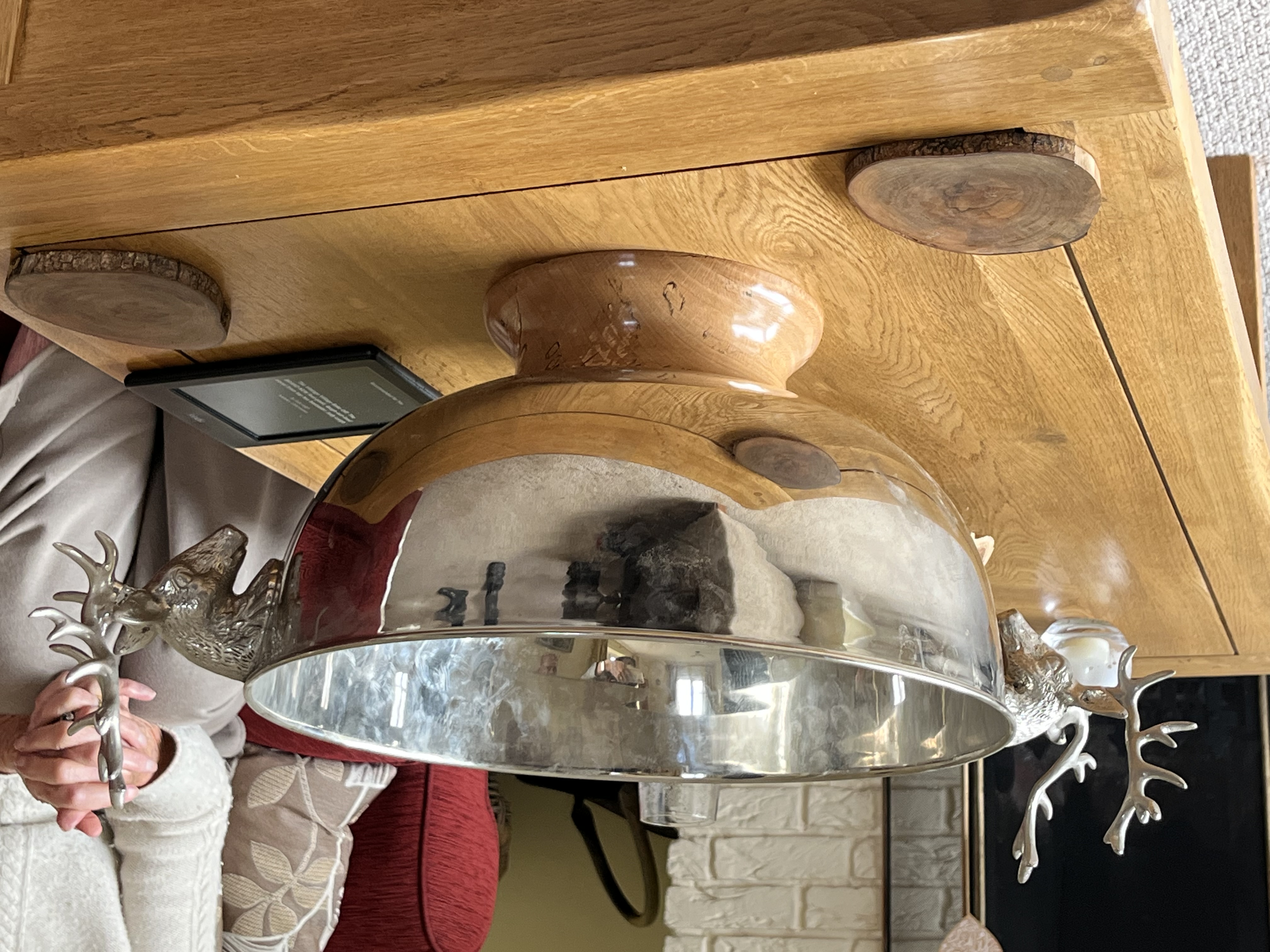 Contemporary Lodge Style Nickel-Plated Punch/Champagne Bowl with Stag-Head Handles on Turned Wood Base
