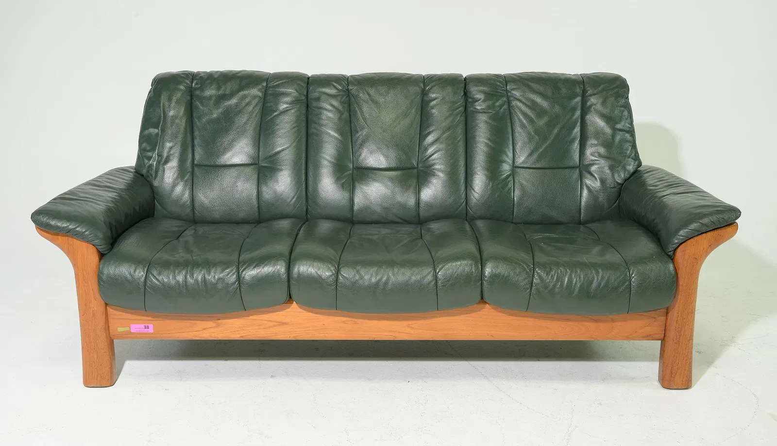 Mid-Century Modern Teak and Green Leather Three-Seat Sofa