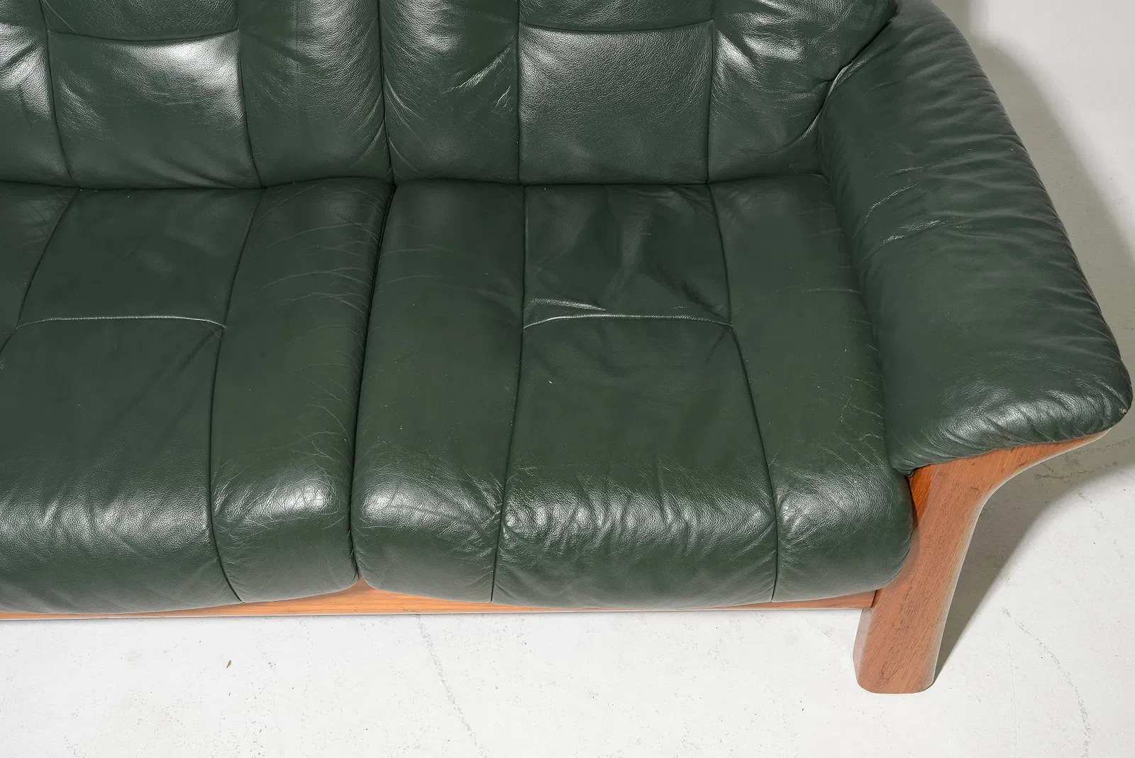 Mid-Century Modern Teak and Green Leather Three-Seat Sofa thumbnail 2