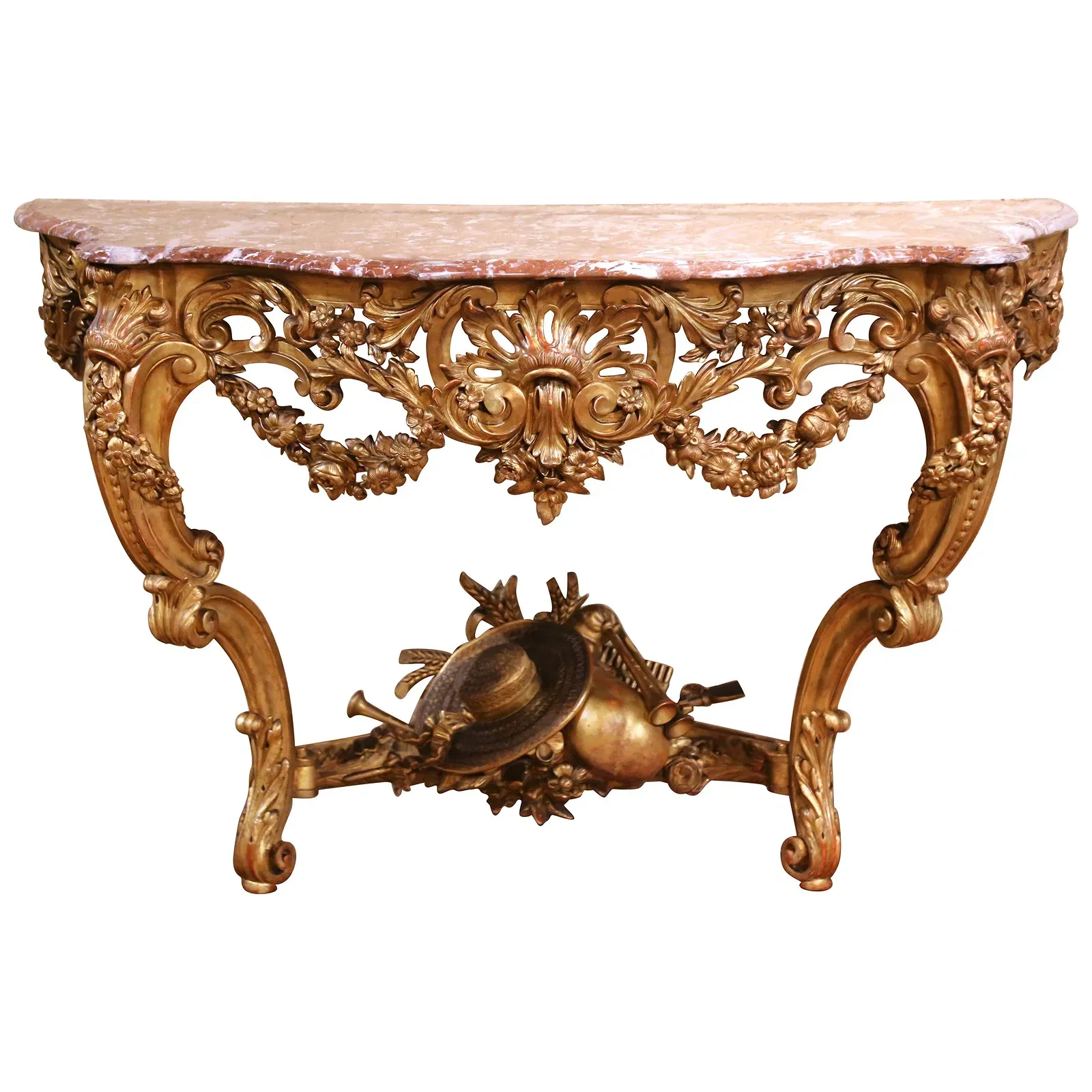 French Rococo Revival Giltwood Console Table with Marble Top