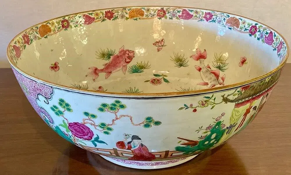 Chinese Famille Rose Style Porcelain Fish and Figure Large Punch Bowl thumbnail 2