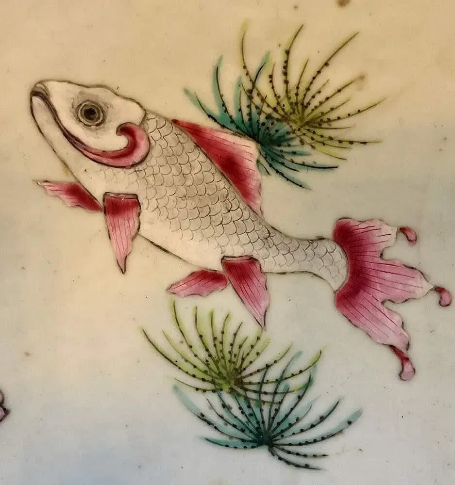 Chinese Famille Rose Style Porcelain Fish and Figure Large Punch Bowl thumbnail 6