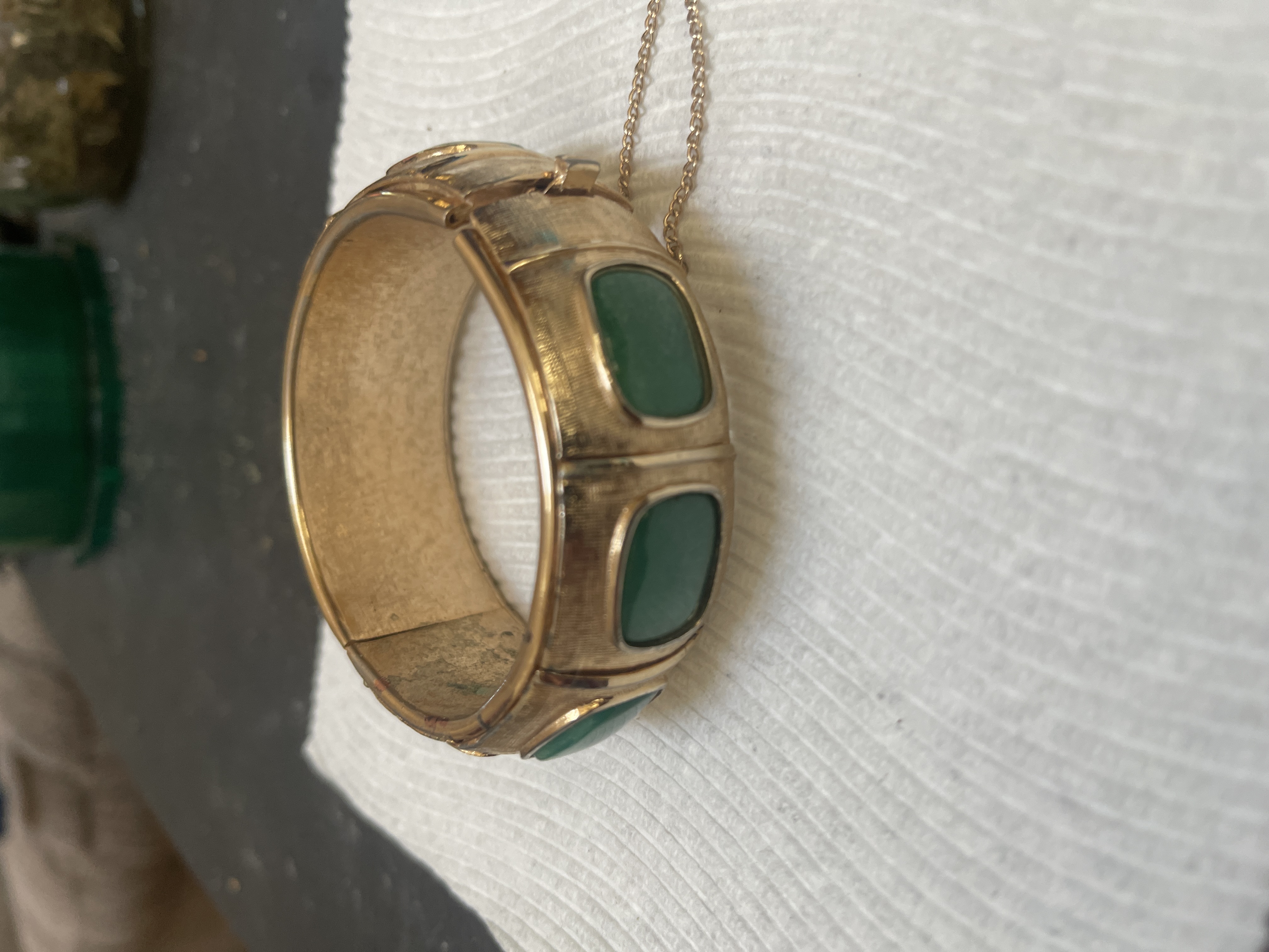 Mid-Century Gold-Tone Green Glass Cuff Bracelet