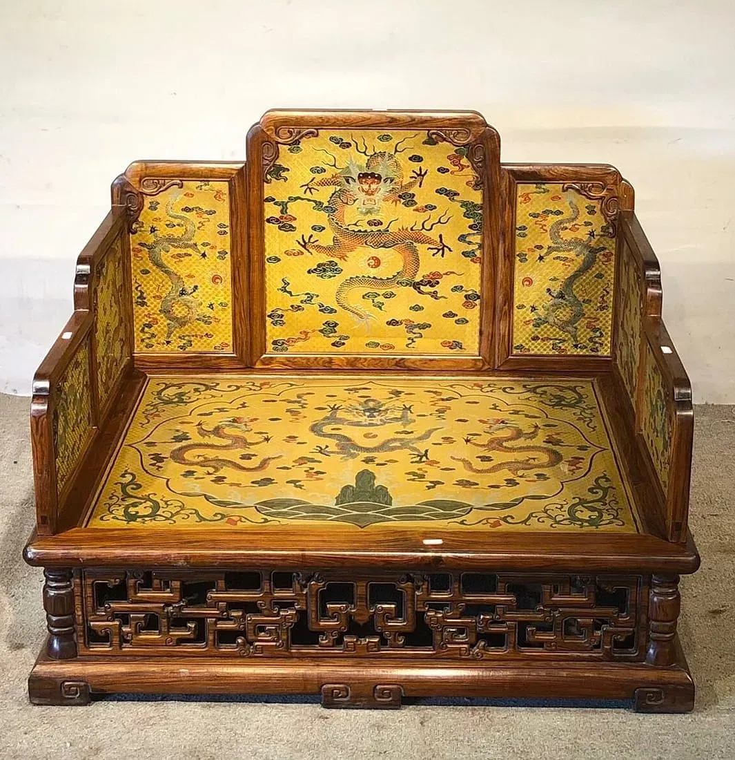 Chinese Qing Style Hardwood Daybed (Luohan Bed) with Dragon Brocade Panels