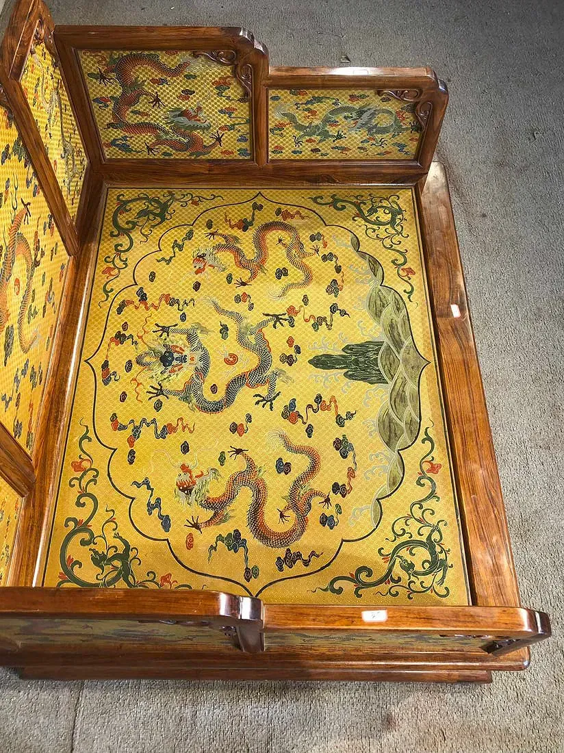 Chinese Qing Style Hardwood Daybed (Luohan Bed) with Dragon Brocade Panels thumbnail 3