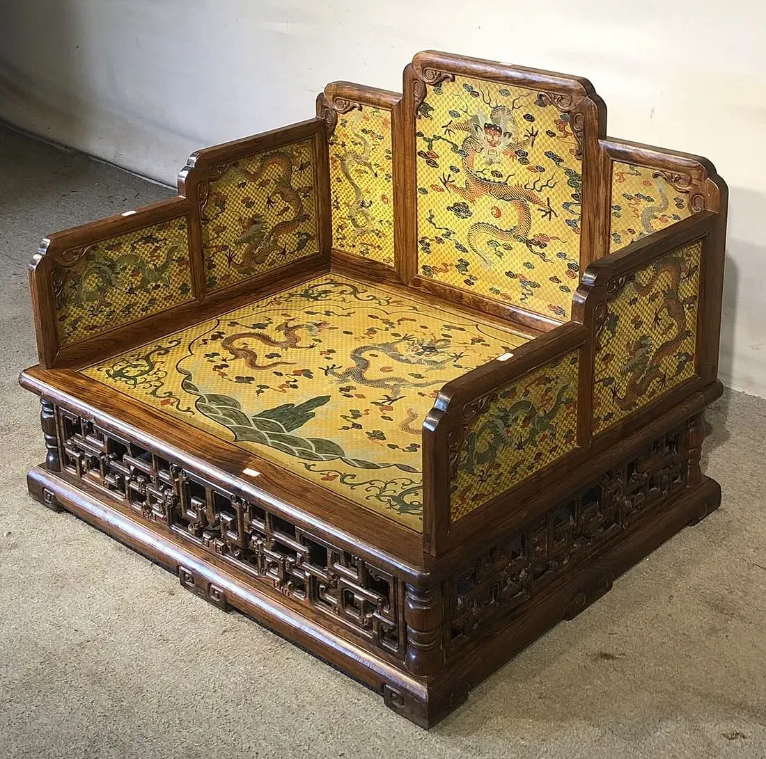Chinese Qing Style Hardwood Daybed (Luohan Bed) with Dragon Brocade Panels thumbnail 4