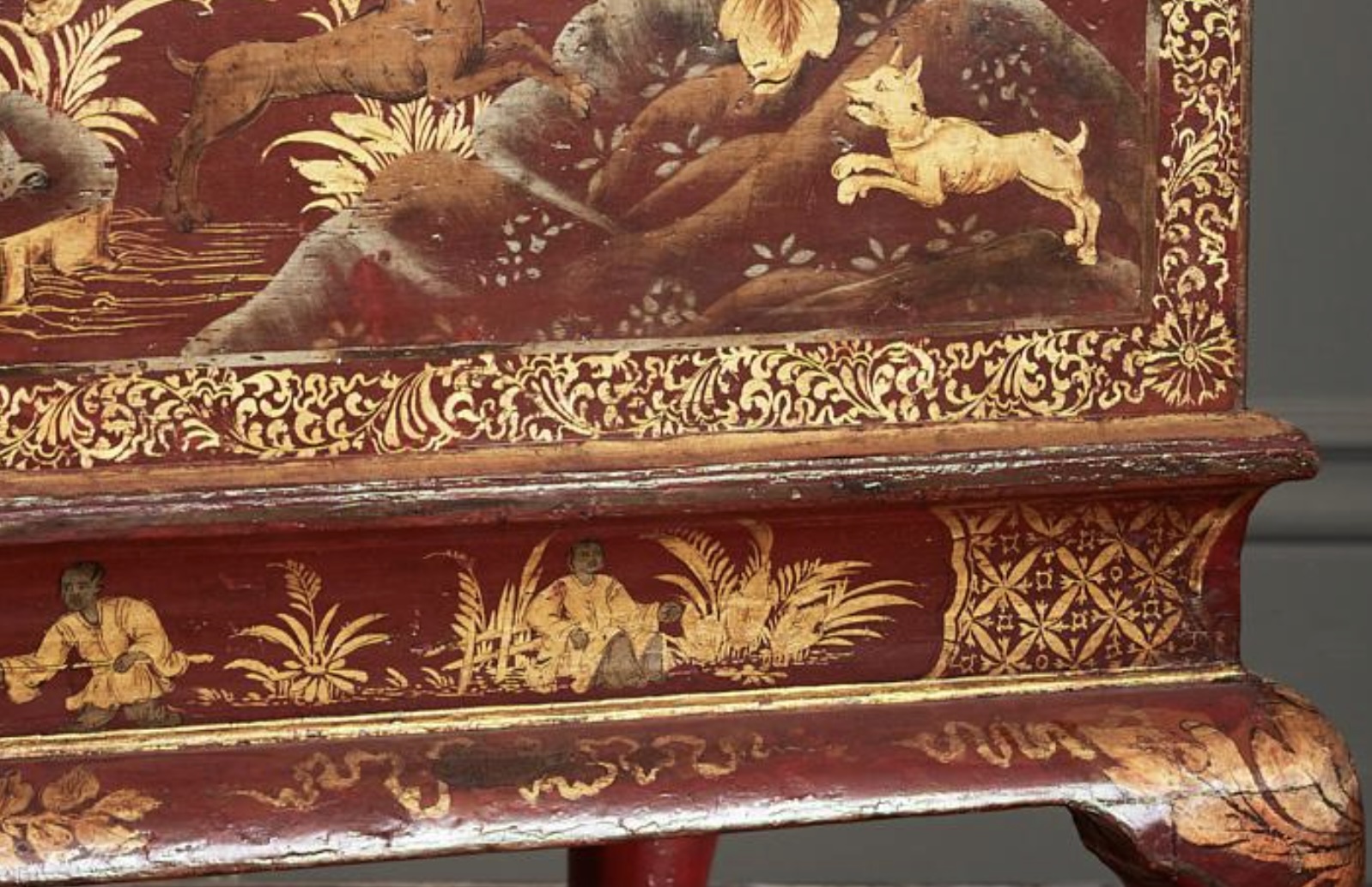 English George II Period Red Japanned Lacquer Table Cabinet on Stand