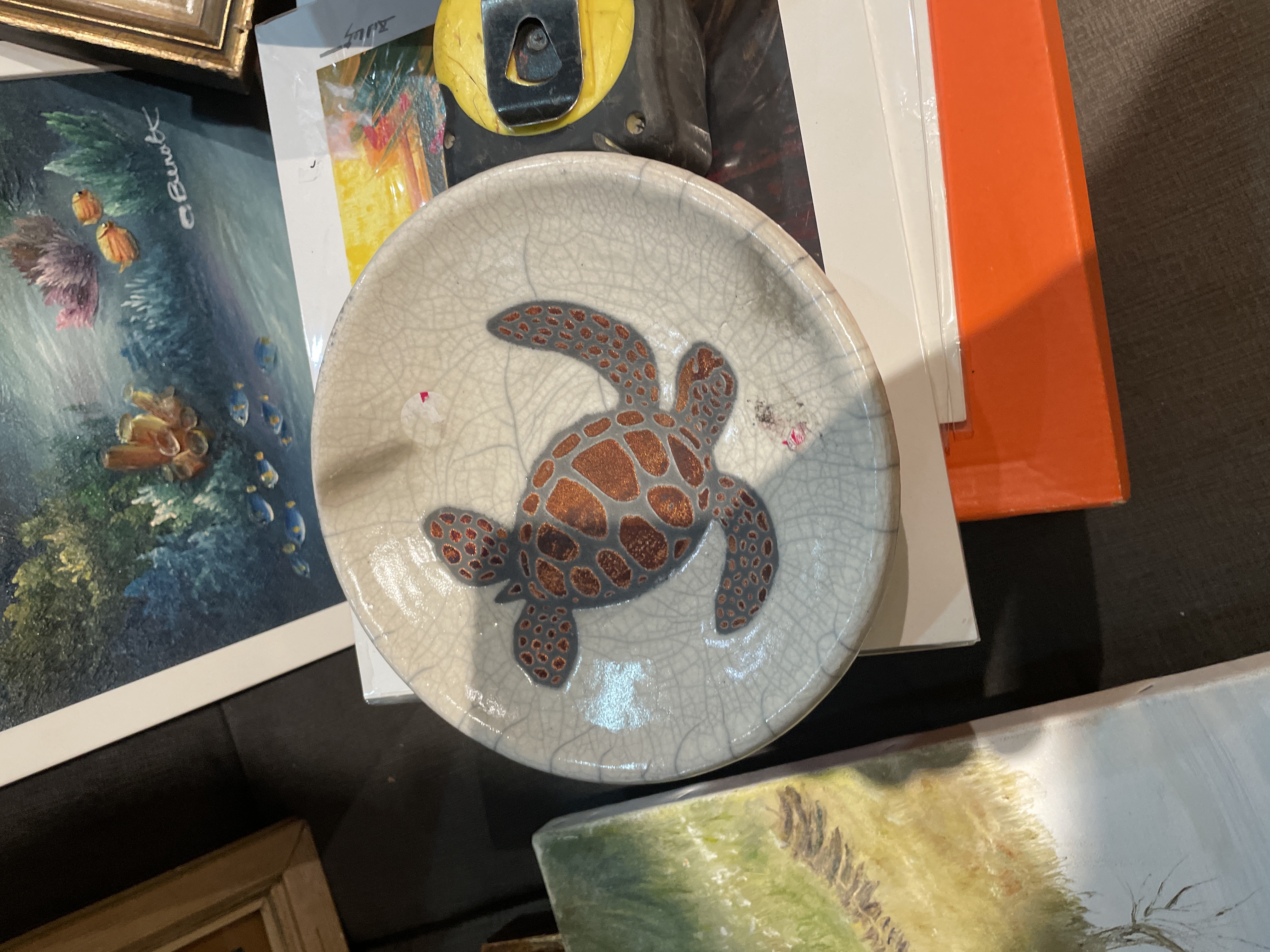 Contemporary Raku Pottery Sea Turtle Dish