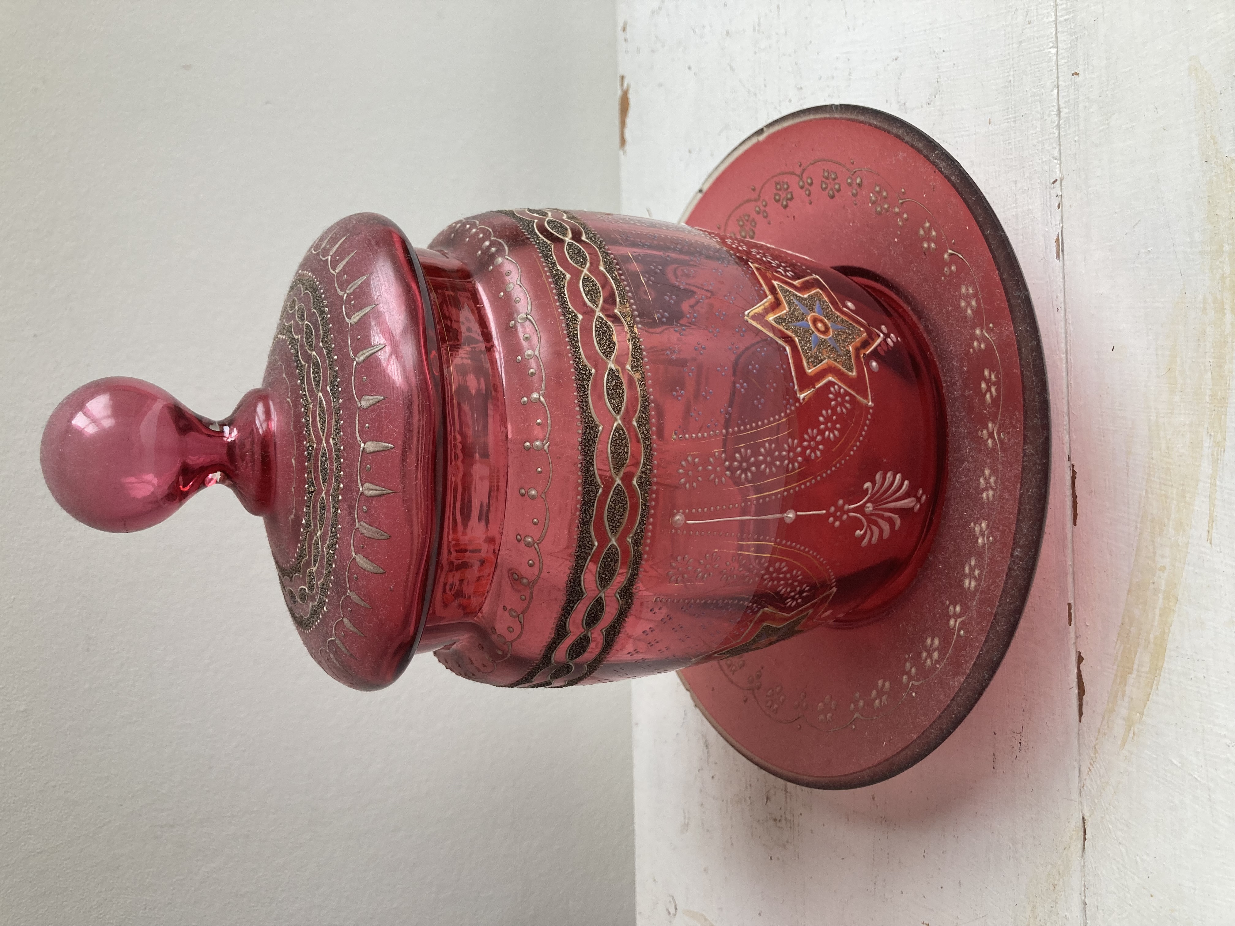 Bohemian Cranberry Glass Lidded Jar and Underplate