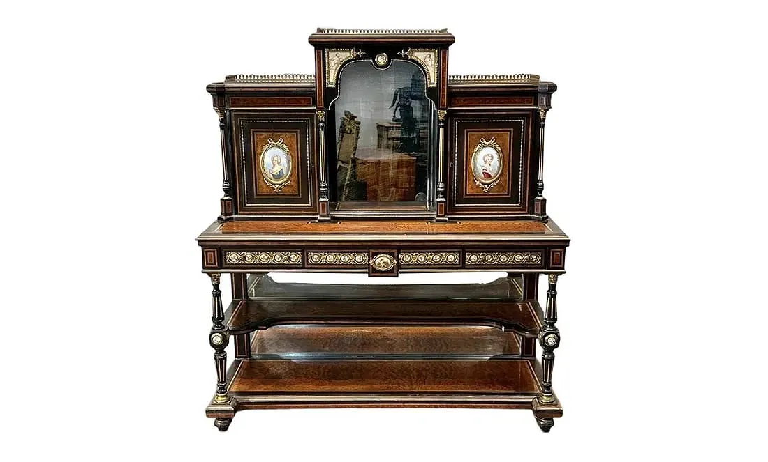 French Napoleon III Period Ebonized and Marquetry Sideboard with Painted Porcelain Plaques