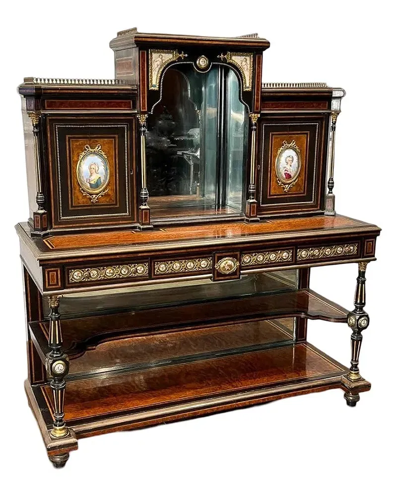French Napoleon III Period Ebonized and Marquetry Sideboard with Painted Porcelain Plaques thumbnail 2