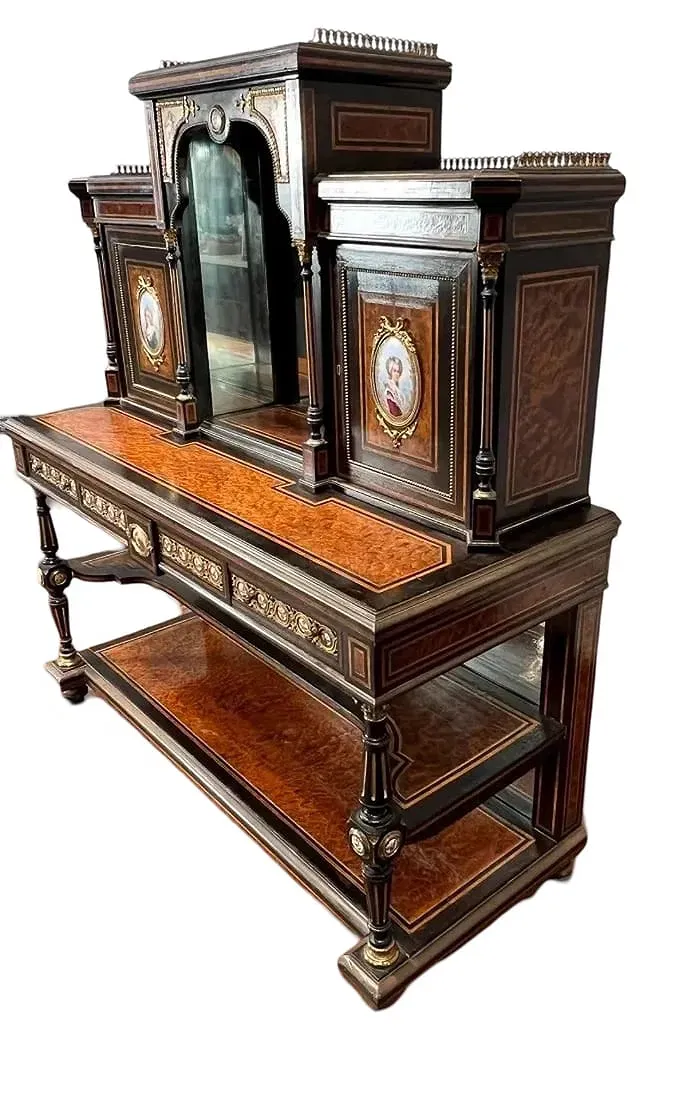 French Napoleon III Period Ebonized and Marquetry Sideboard with Painted Porcelain Plaques thumbnail 3