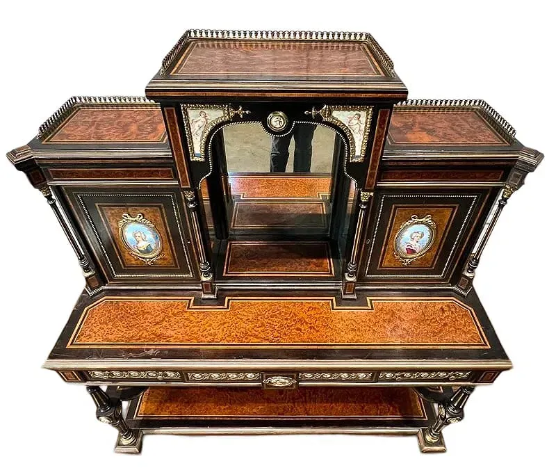 French Napoleon III Period Ebonized and Marquetry Sideboard with Painted Porcelain Plaques thumbnail 4