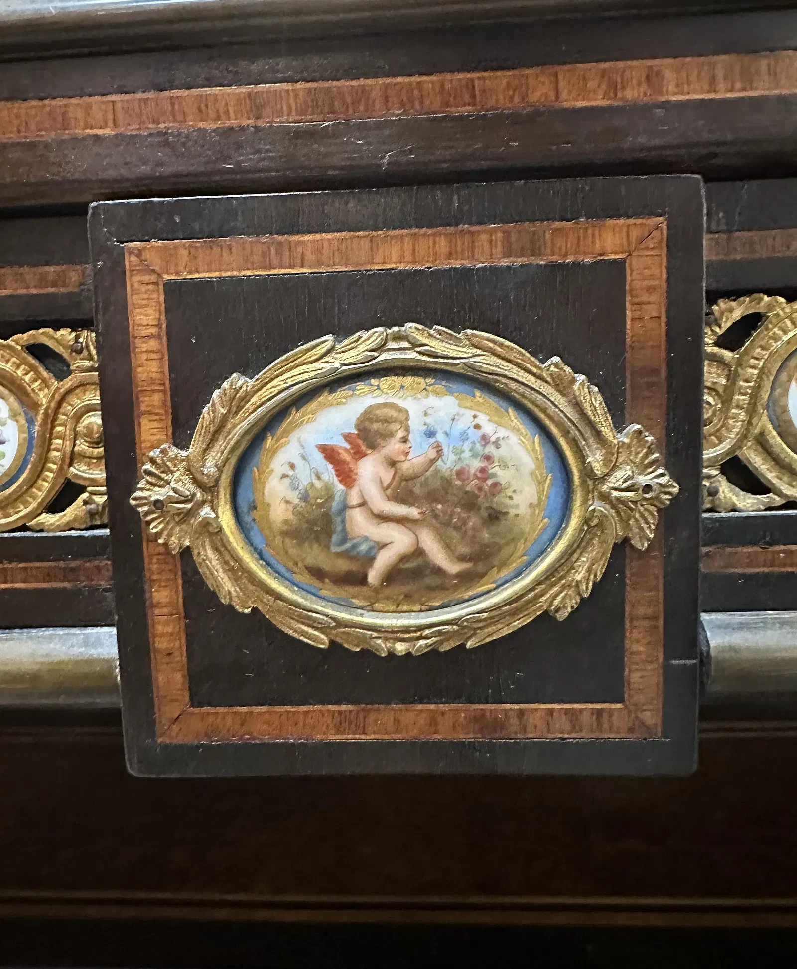 French Napoleon III Period Ebonized and Marquetry Sideboard with Painted Porcelain Plaques thumbnail 7