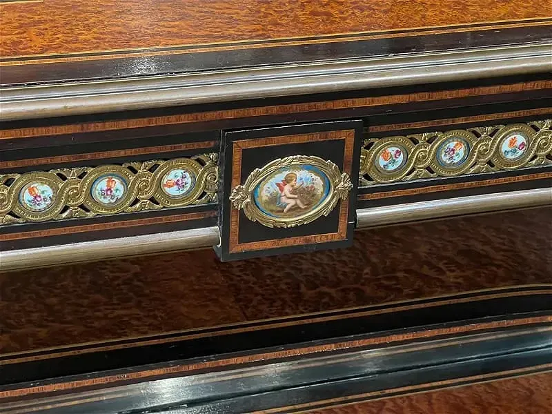 French Napoleon III Period Ebonized and Marquetry Sideboard with Painted Porcelain Plaques thumbnail 8