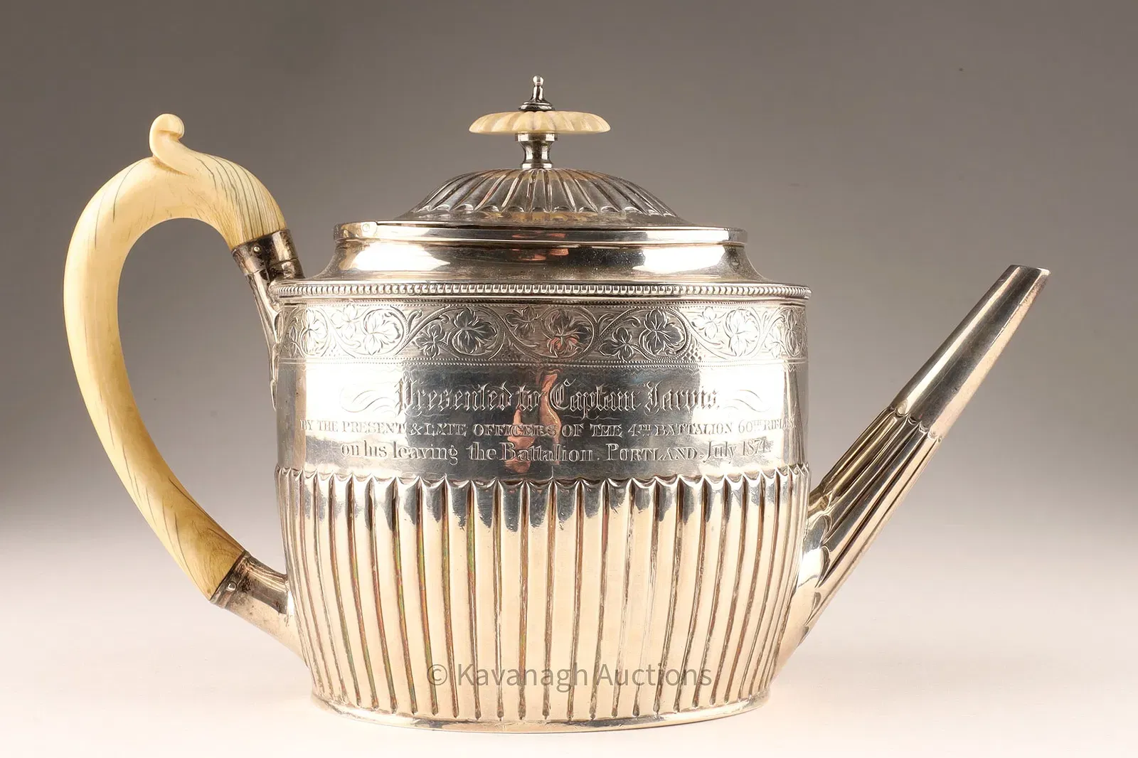 Victorian Period Irish Silver Presentation Teapot with Ivory Handle thumbnail