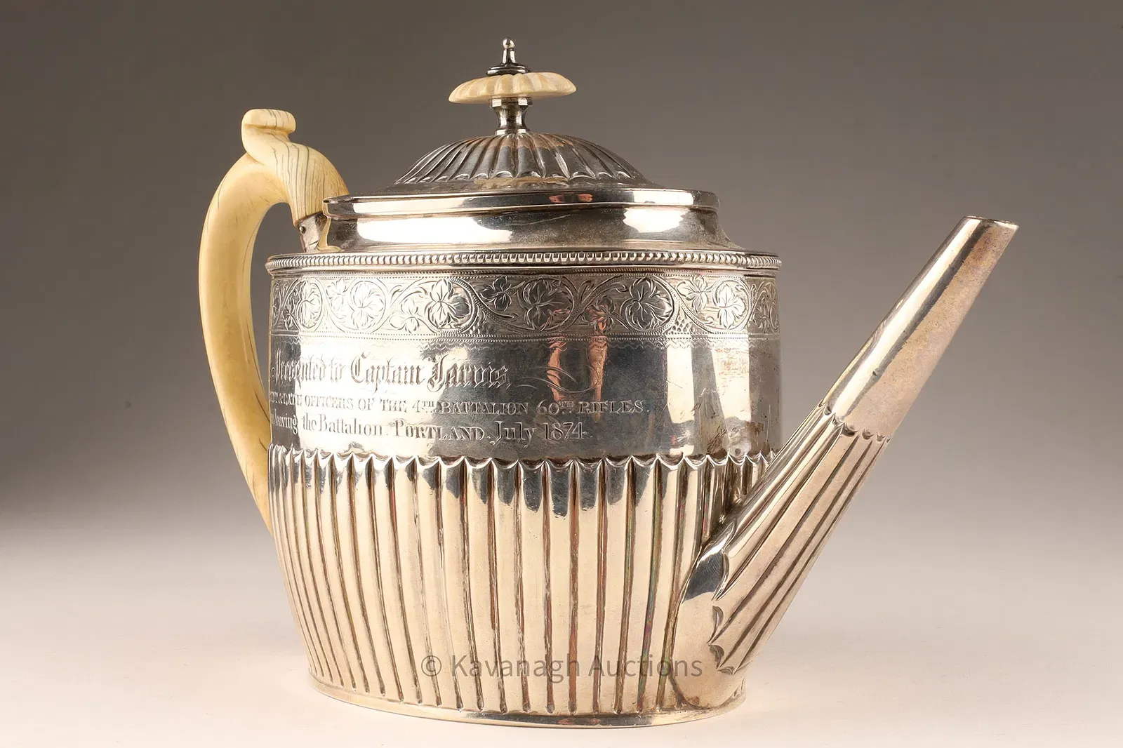 Victorian Period Irish Silver Presentation Teapot with Ivory Handle thumbnail 5