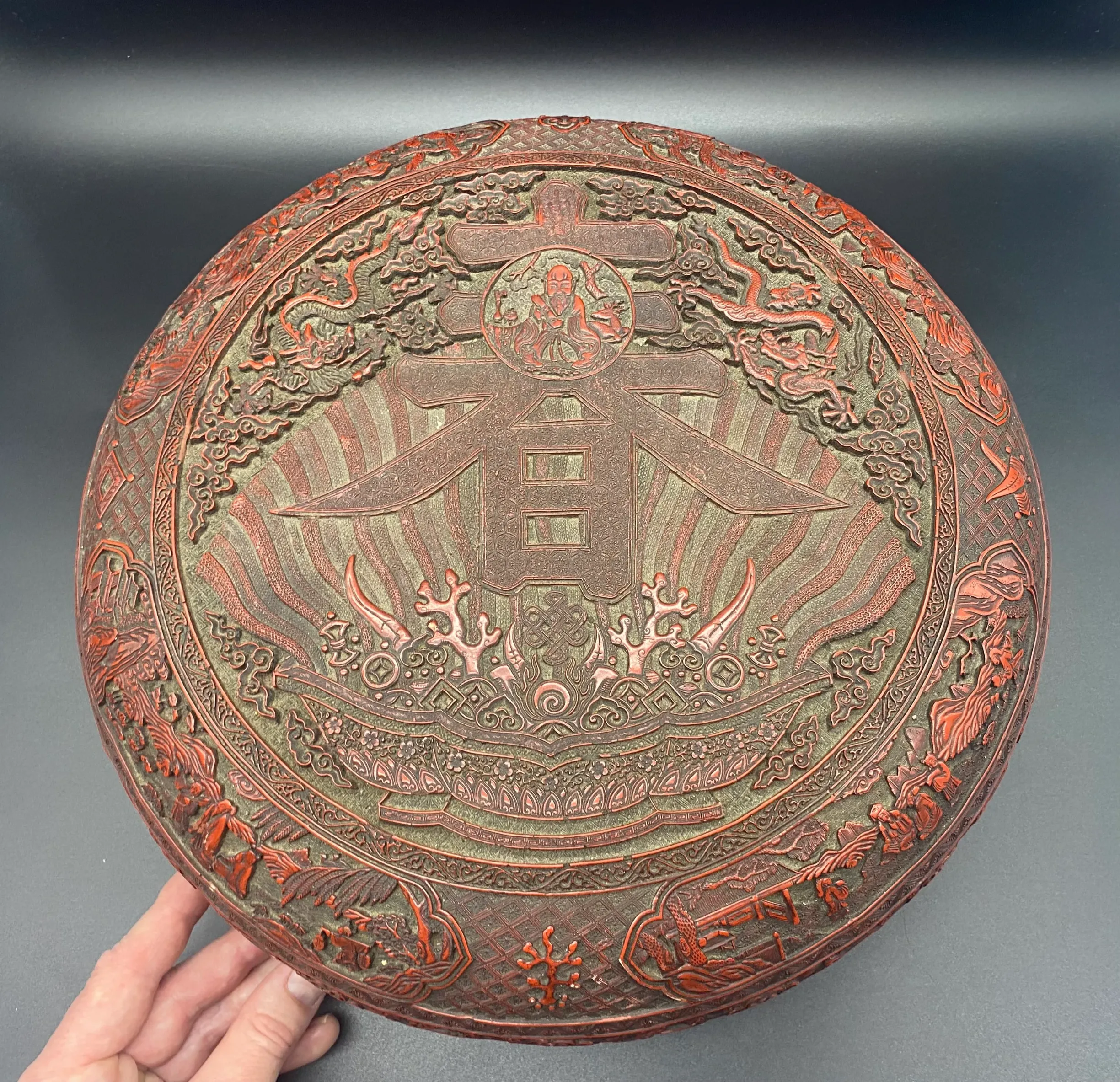 Qing Style Chinese Carved Cinnabar Lacquer 'Shou' Character Box