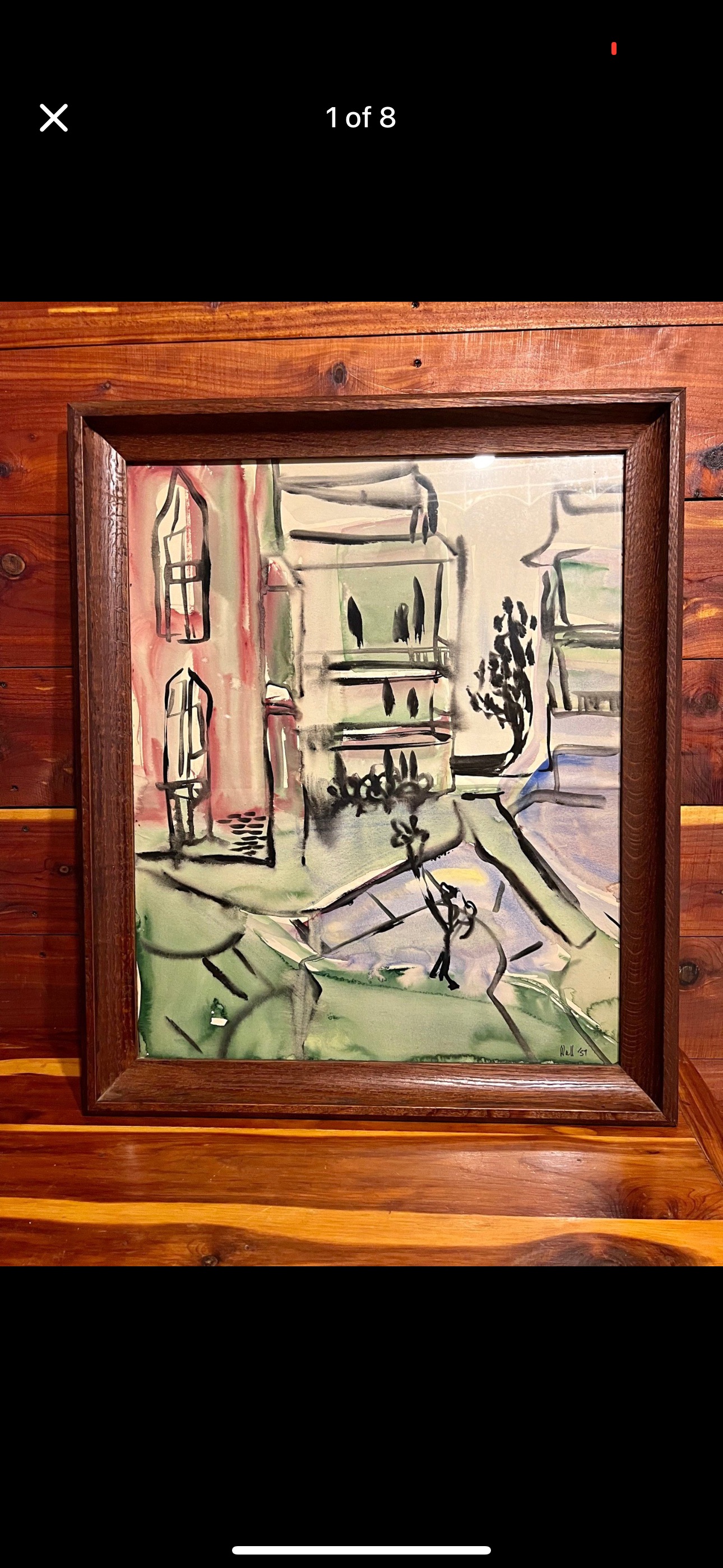 Mid-Century Modern Watercolor Street Scene by 'Wall', 1951 thumbnail 2
