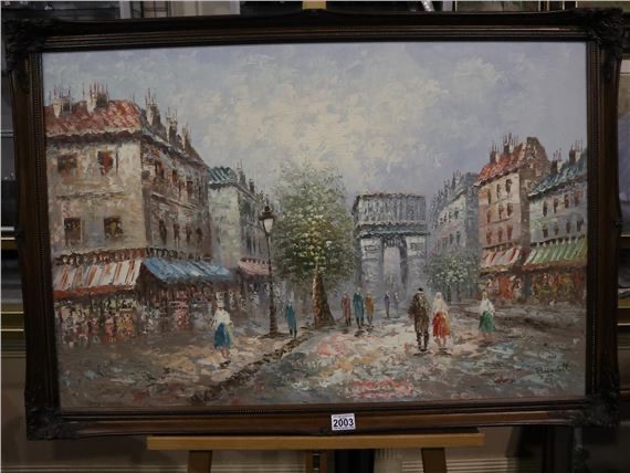 Mid-20th Century Parisian Street Scene Oil Painting