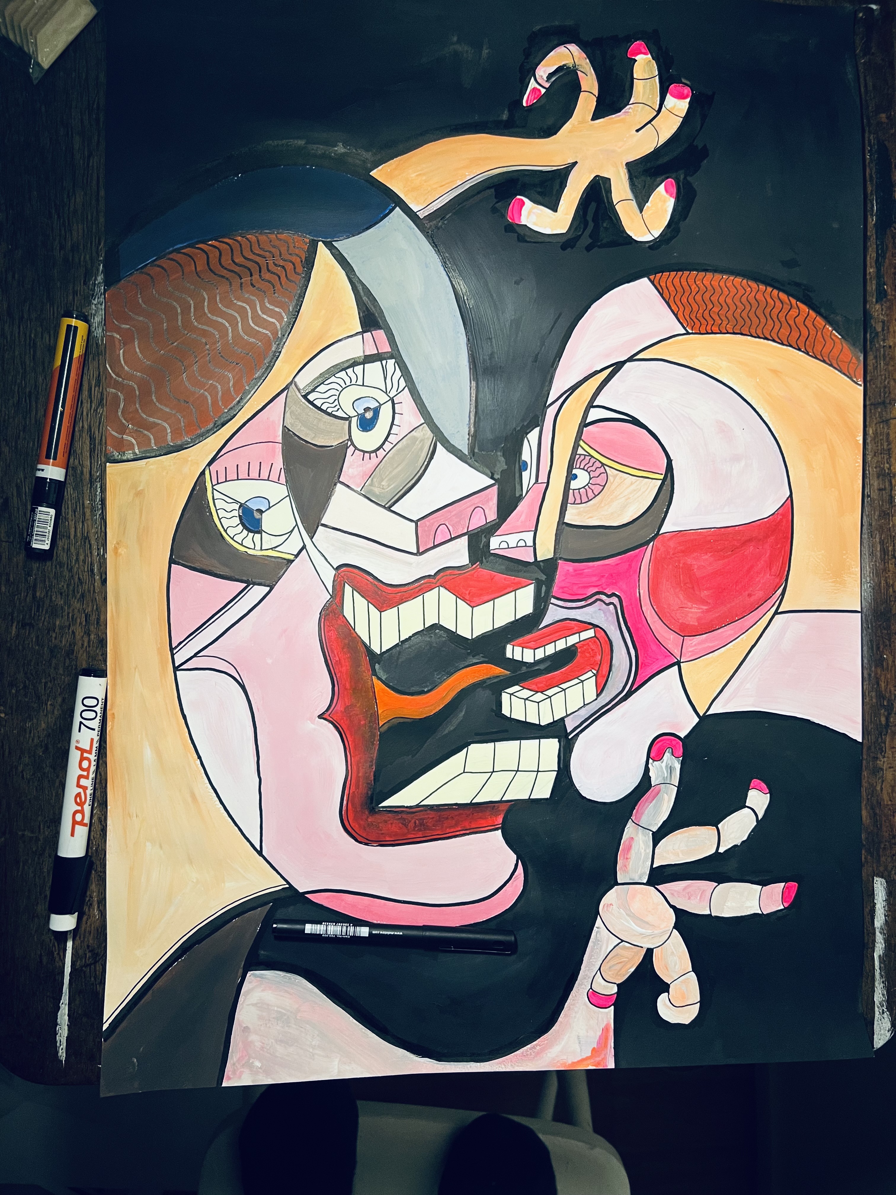 Contemporary Neo-Cubist Acrylic and Paint-Marker Portrait on Paper