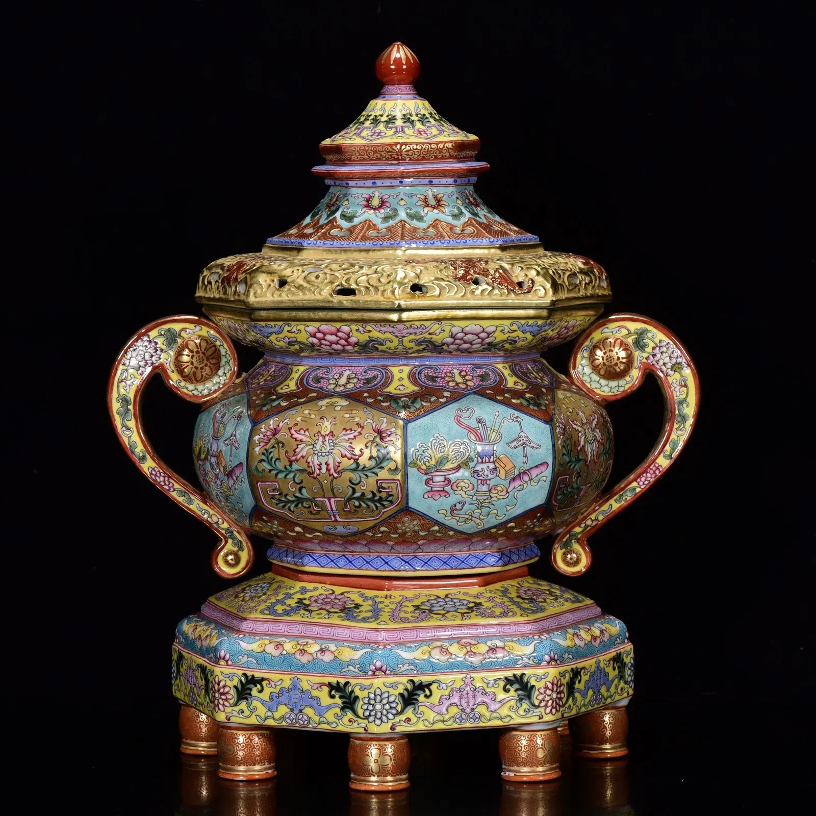 Chinese Famille Rose Style Porcelain Octagonal Censer and Cover on Stand
