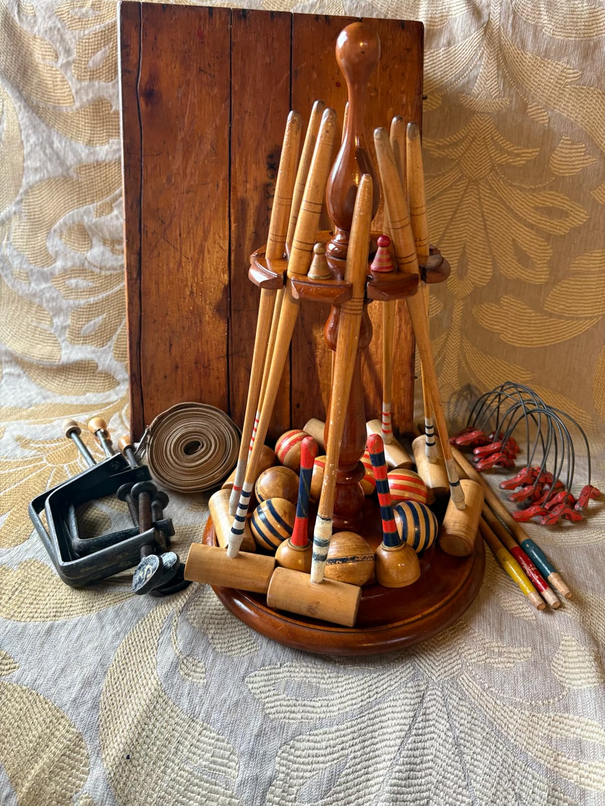 British Interwar Period Beech Parlor Croquet Set on Turned Stand
