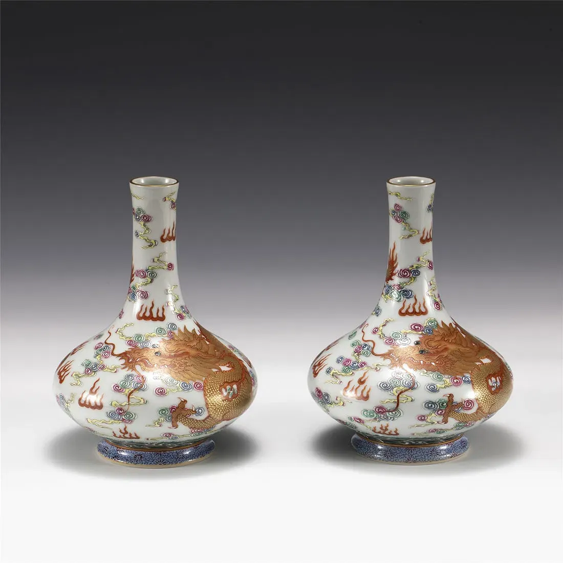 Qing Style Famille Rose Porcelain Dragon Bottle Vases (Pair)