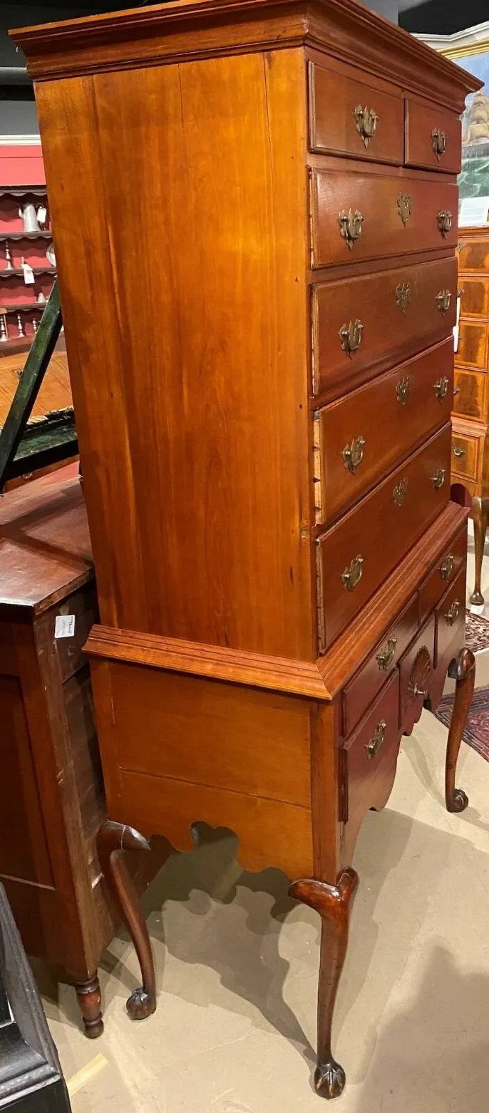 American Queen Anne Style Cherry Highboy Chest-on-Stand thumbnail 4