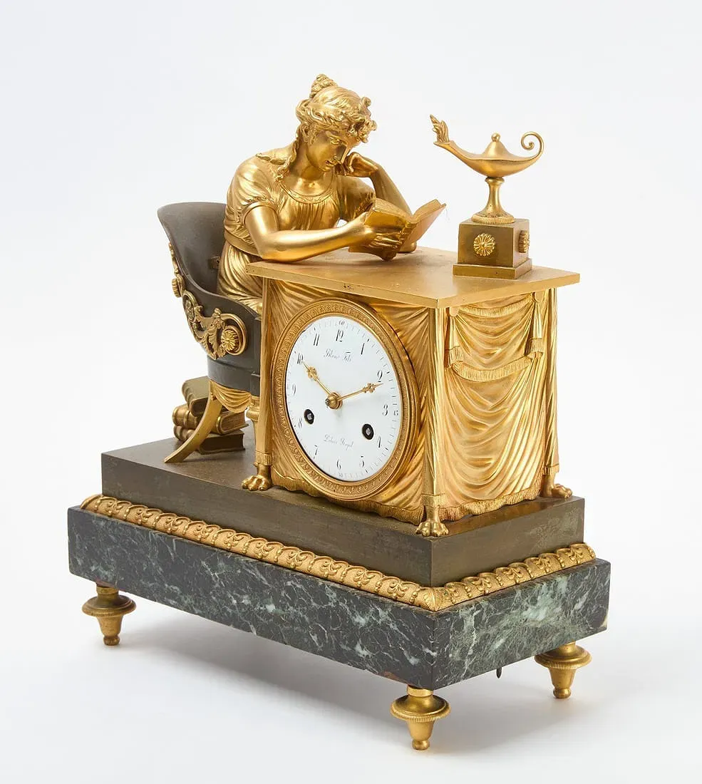French Empire Period Gilt Bronze and Marble Figural Mantel Clock thumbnail 2