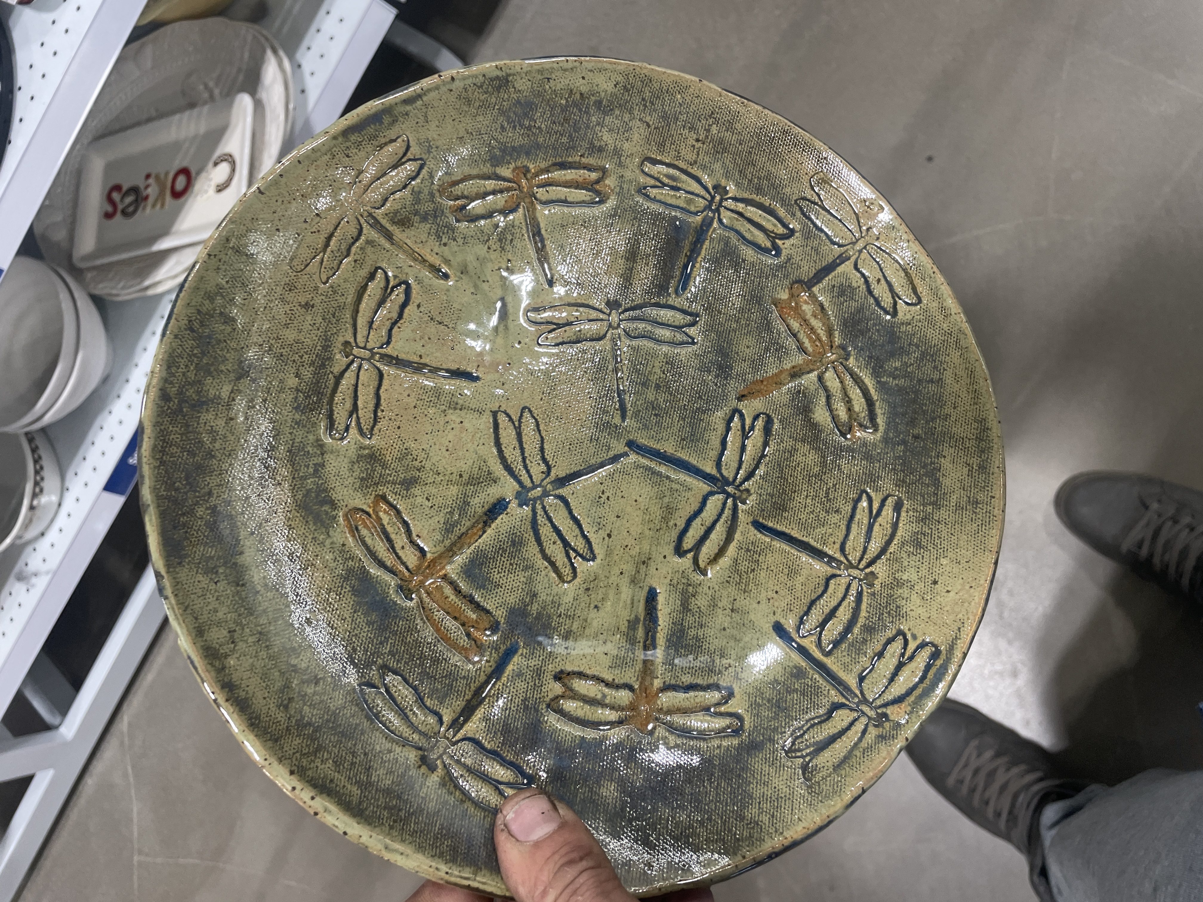 Contemporary Studio Pottery Stoneware Plate with Dragonfly Motif