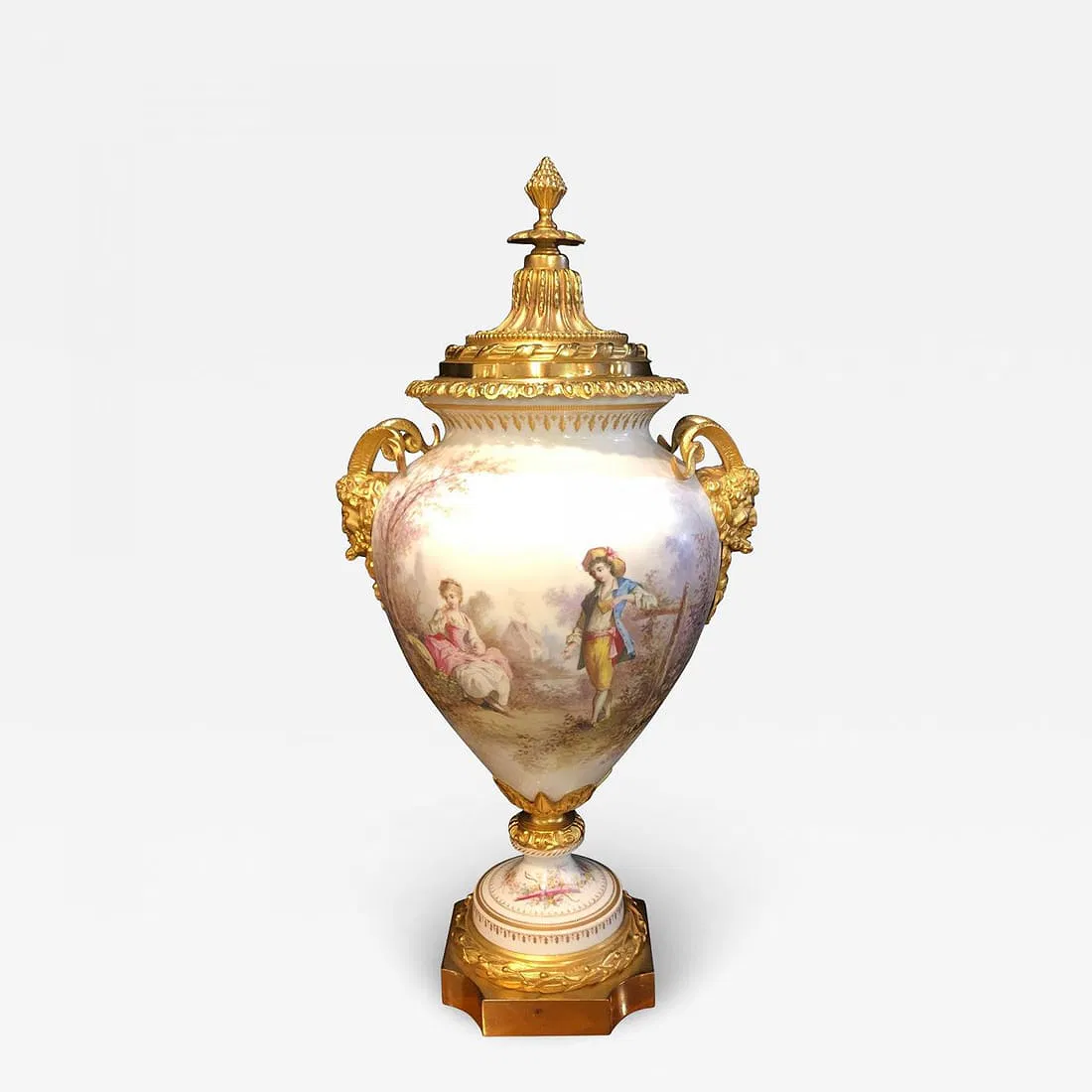 French Louis XVI Style Gilt Bronze-Mounted Hand-Painted Porcelain Covered Urn